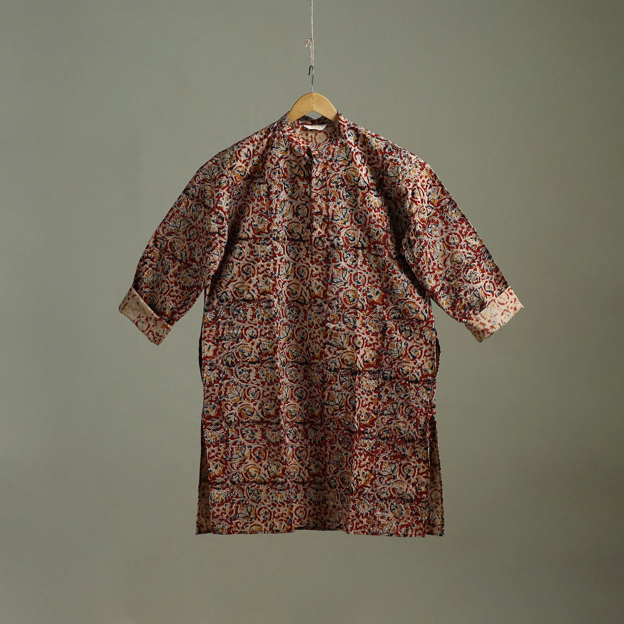 Hand Block Print Natural Dyed Cotton Long Kalamkari Kurta for Men 13 - Image 2
