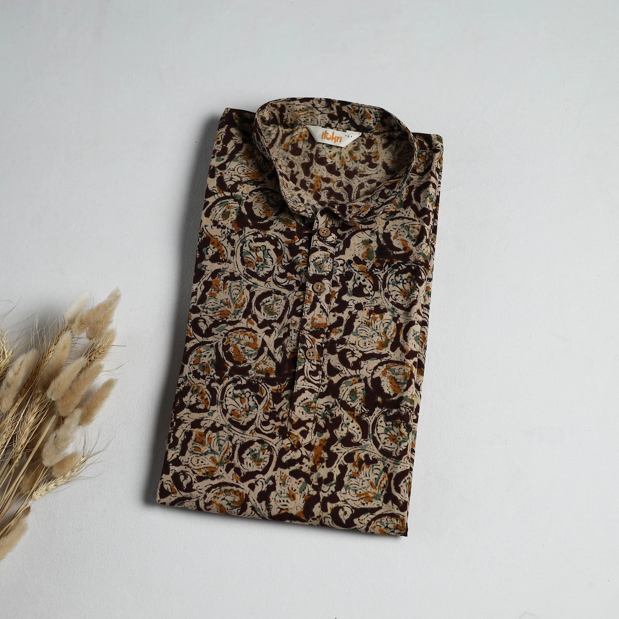 Hand Block Print Natural Dyed Cotton Long Kalamkari Kurta for Men 14
