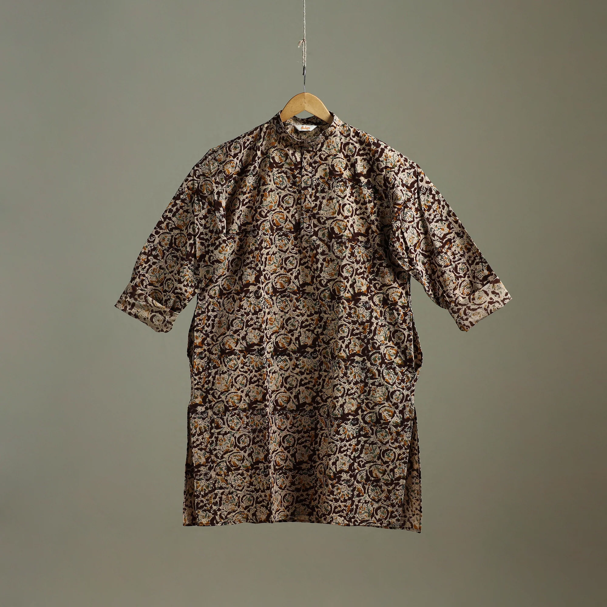 Hand Block Print Natural Dyed Cotton Long Kalamkari Kurta for Men 14 - Image 2