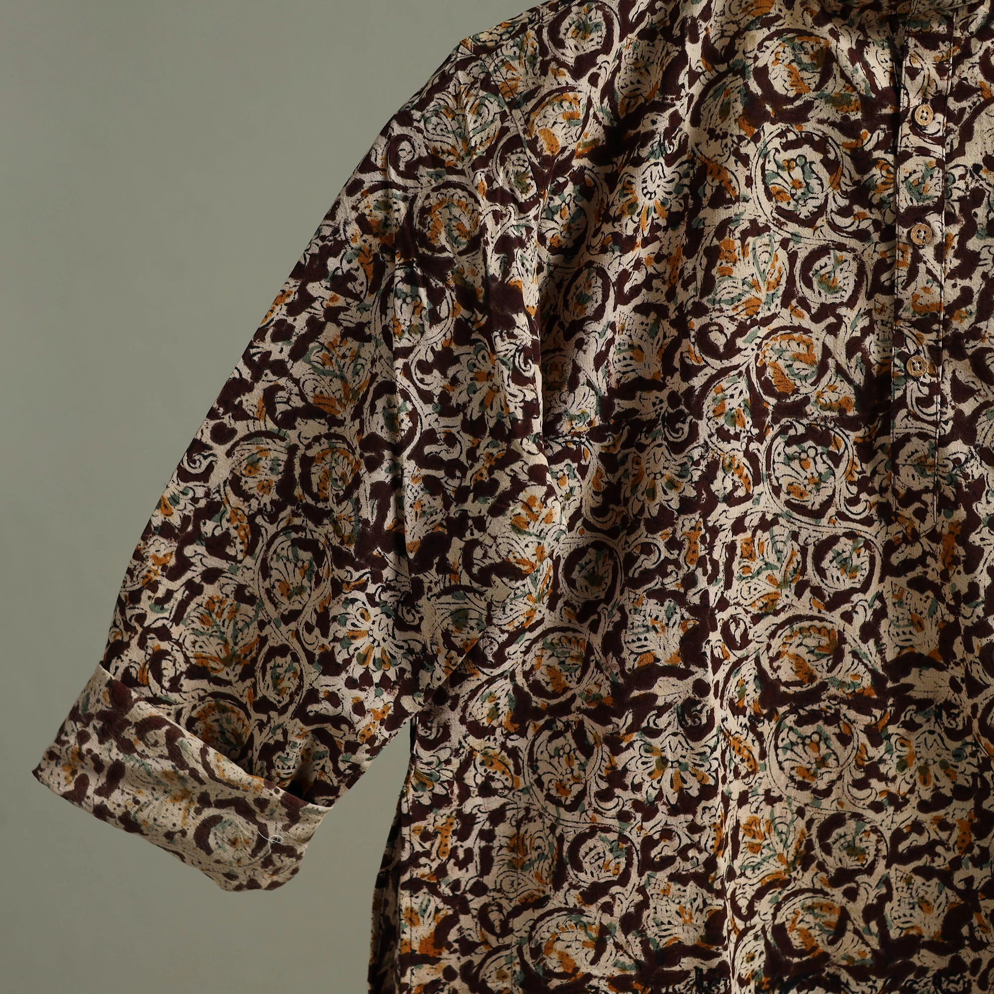 Hand Block Print Natural Dyed Cotton Long Kalamkari Kurta for Men 14 - Image 5