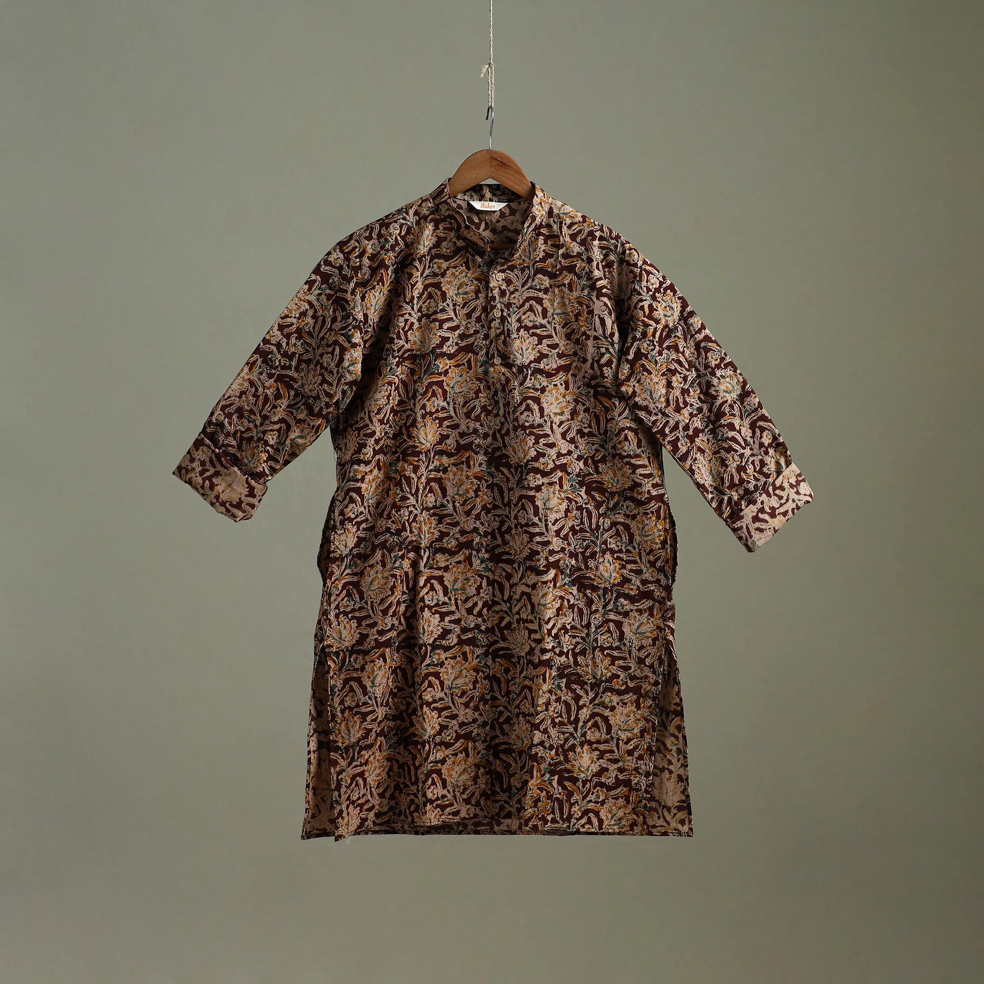 Hand Block Print Natural Dyed Cotton Long Kalamkari Kurta for Men 15 - Image 2