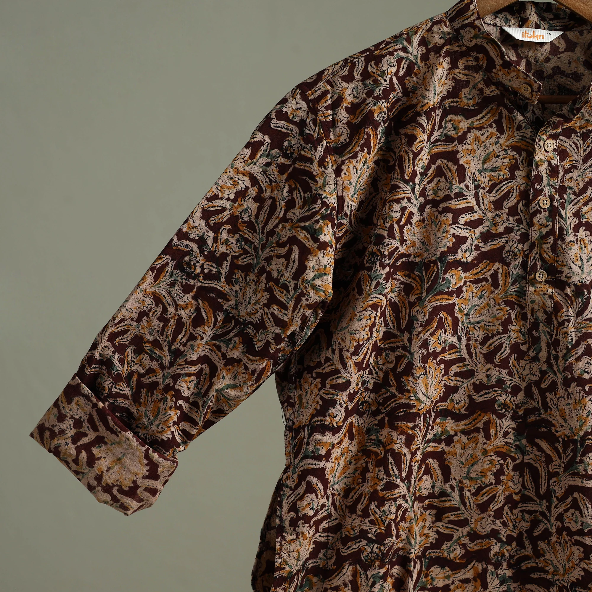 Hand Block Print Natural Dyed Cotton Long Kalamkari Kurta for Men 15 - Image 5
