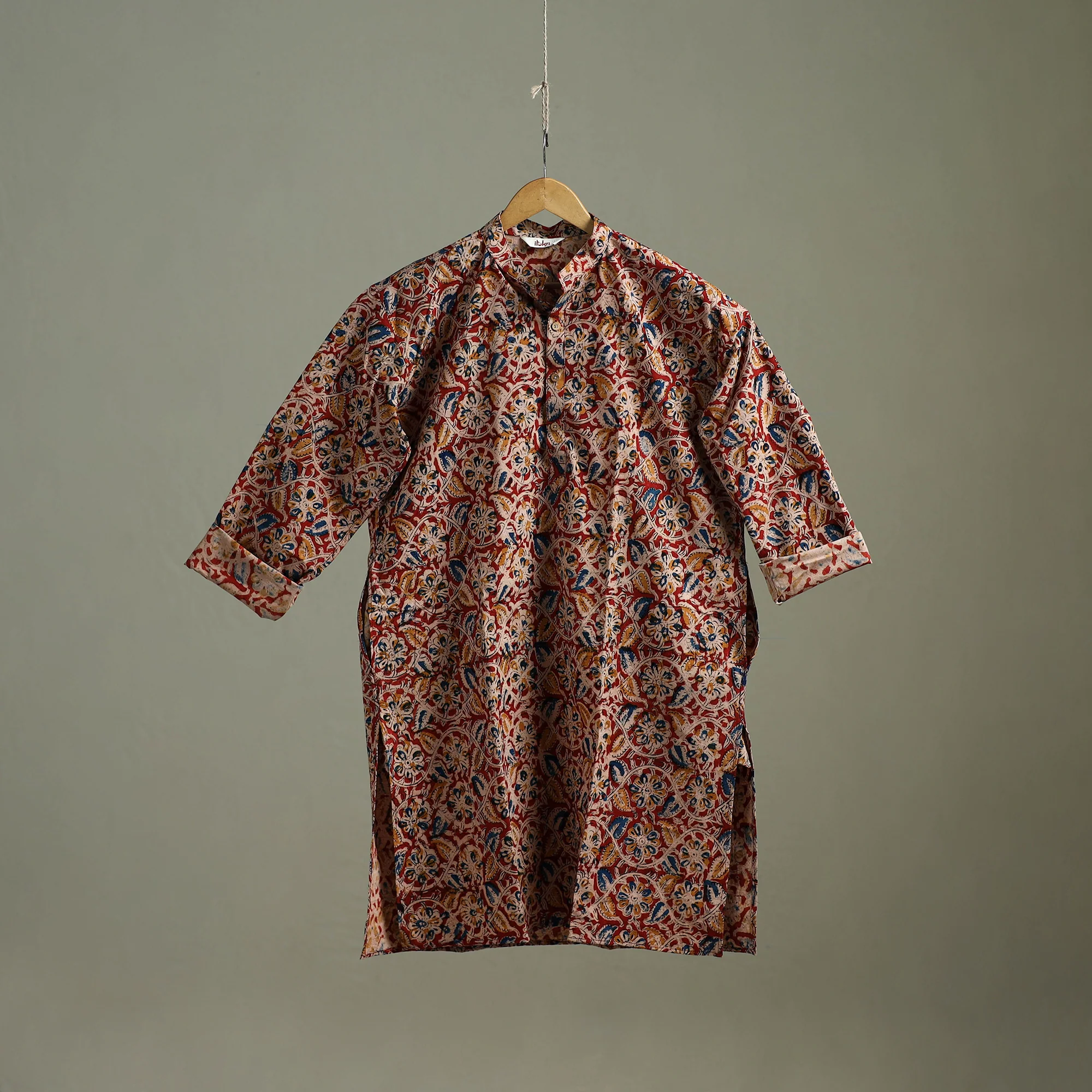 Hand Block Print Natural Dyed Cotton Long Kalamkari Kurta for Men 16 - Image 2