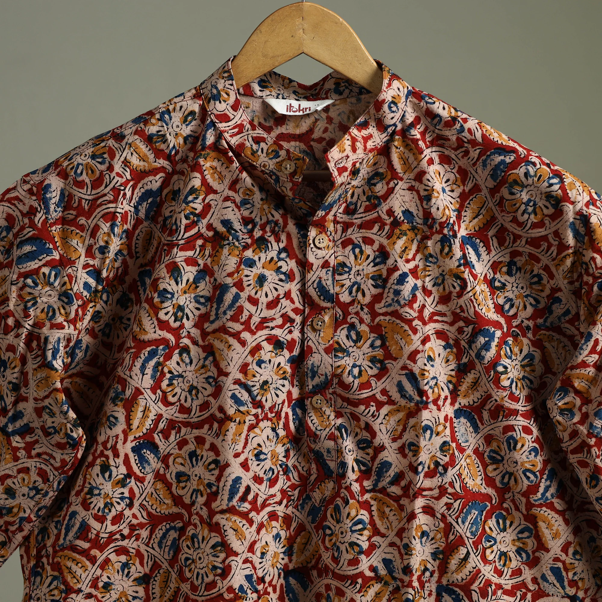 Hand Block Print Natural Dyed Cotton Long Kalamkari Kurta for Men 16 - Image 3