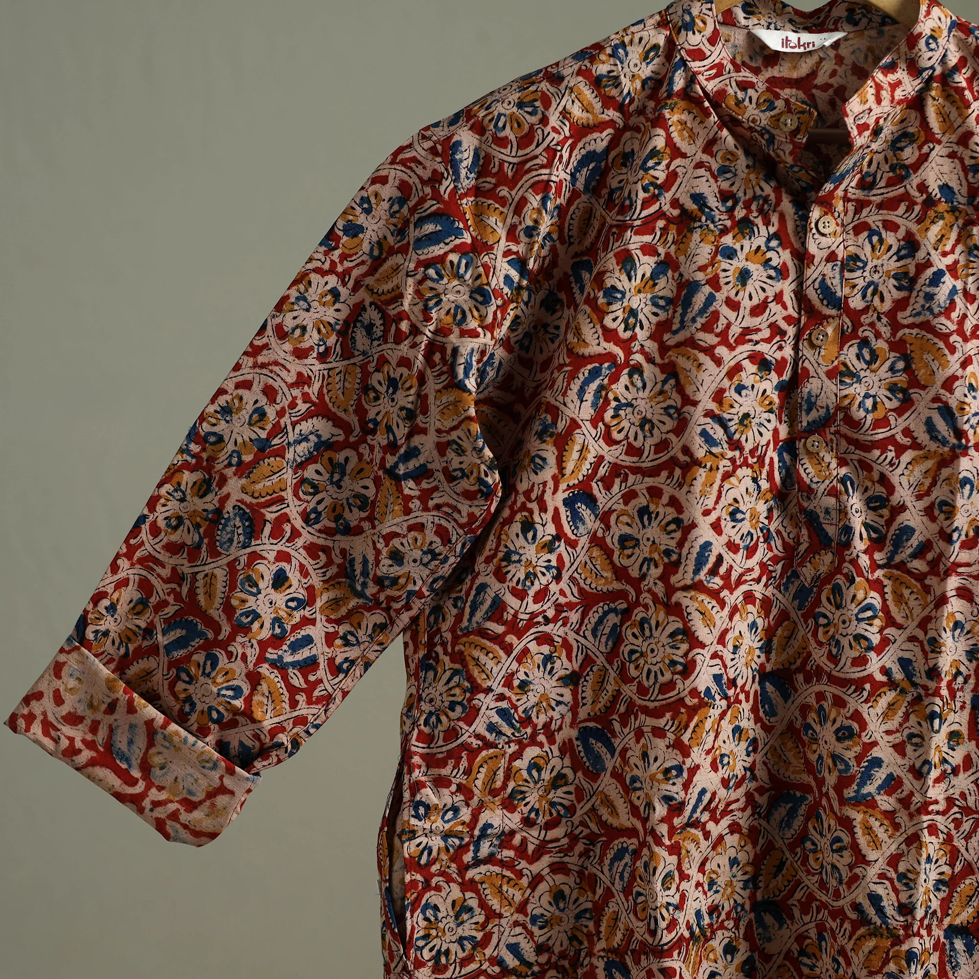 Hand Block Print Natural Dyed Cotton Long Kalamkari Kurta for Men 16 - Image 5