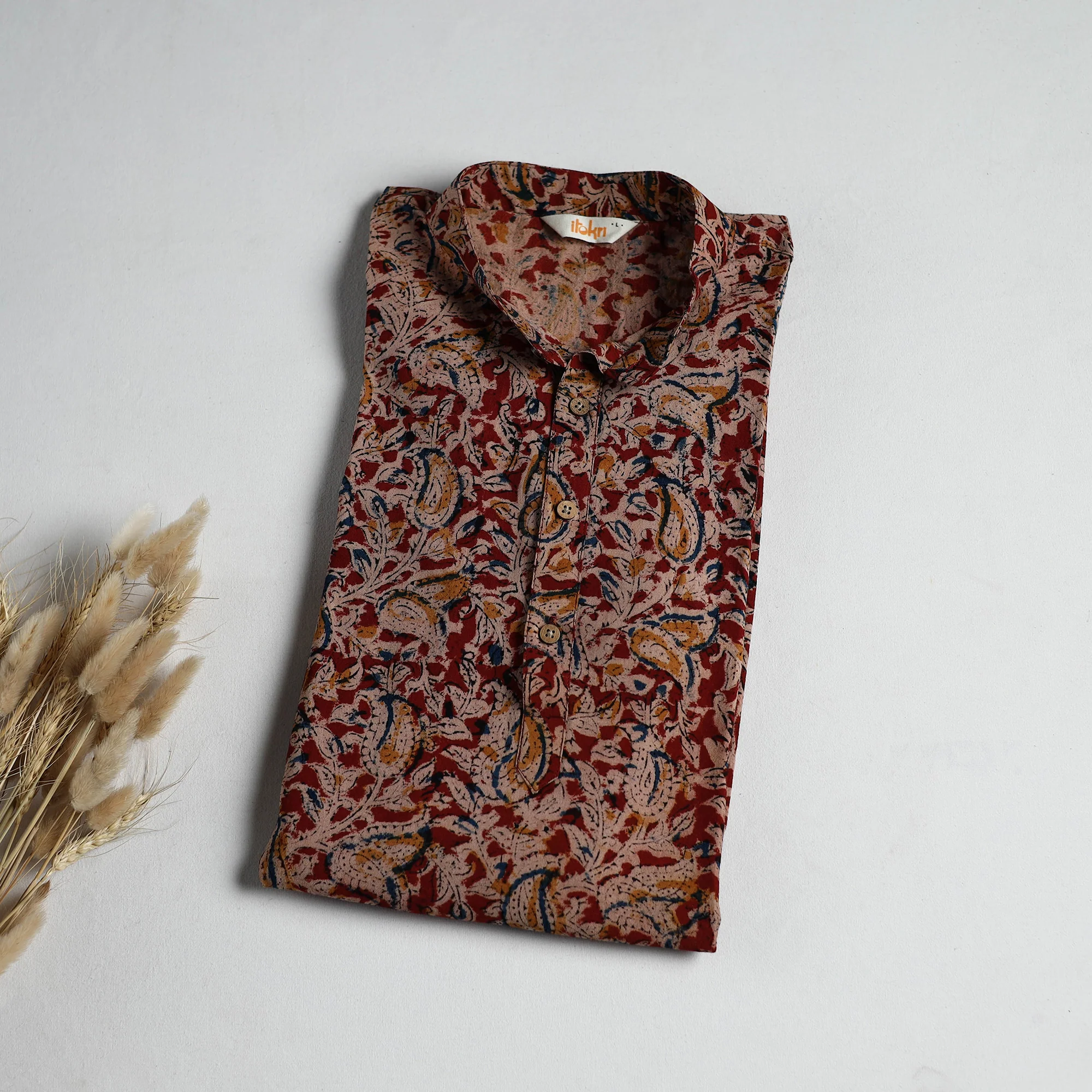 Hand Block Print Natural Dyed Cotton Long Kalamkari Kurta for Men 18