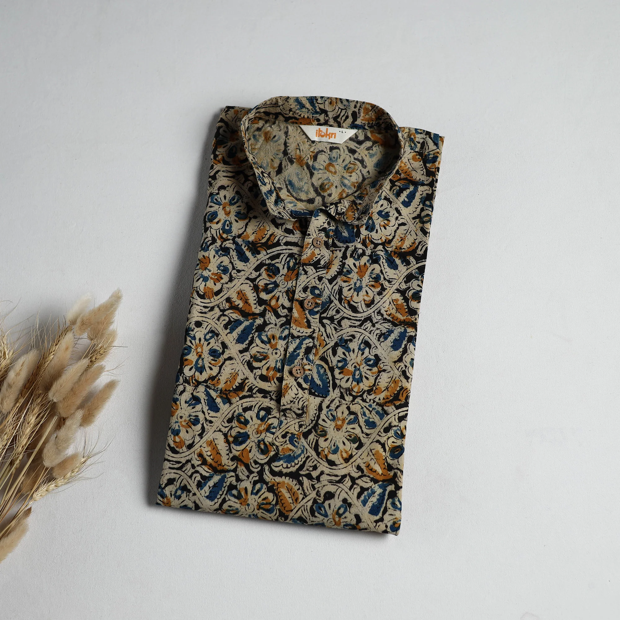Hand Block Print Natural Dyed Cotton Long Kalamkari Kurta for Men 19