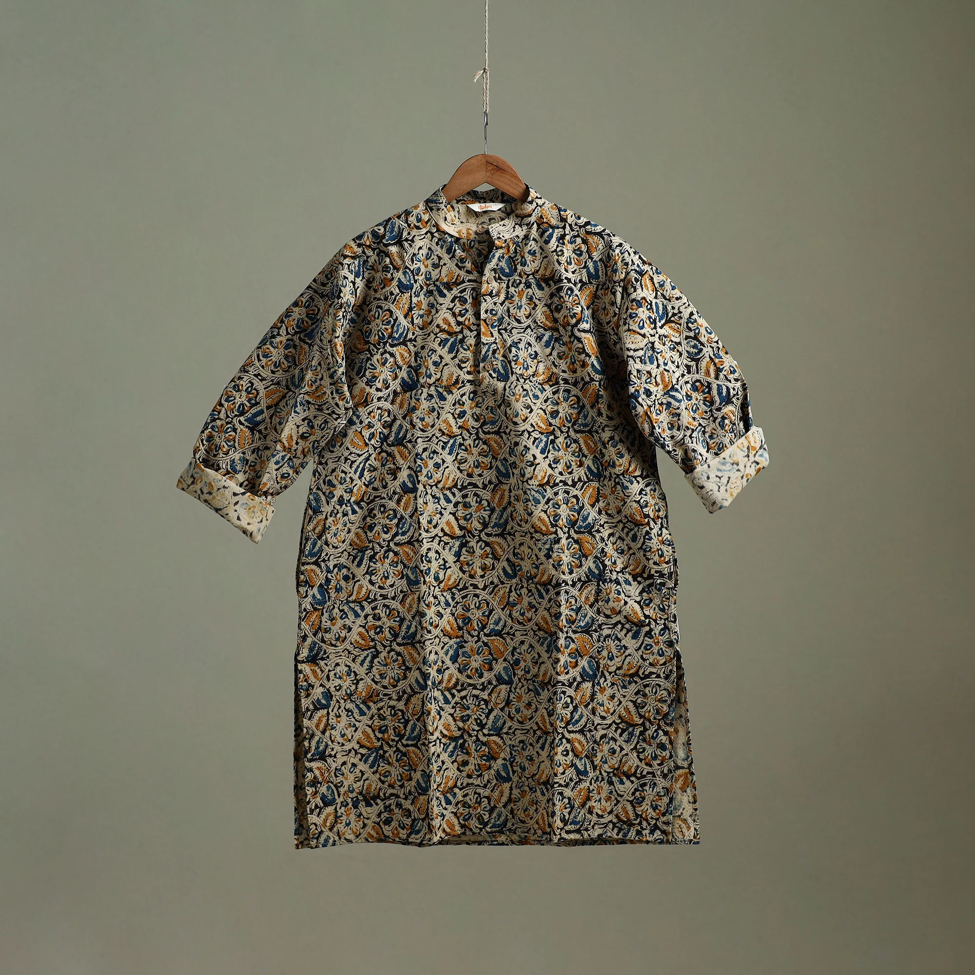 Hand Block Print Natural Dyed Cotton Long Kalamkari Kurta for Men 19 - Image 2