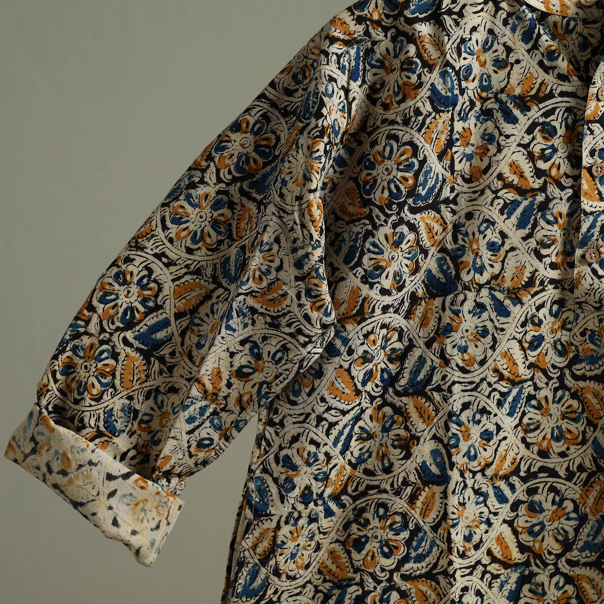 Hand Block Print Natural Dyed Cotton Long Kalamkari Kurta for Men 19 - Image 5