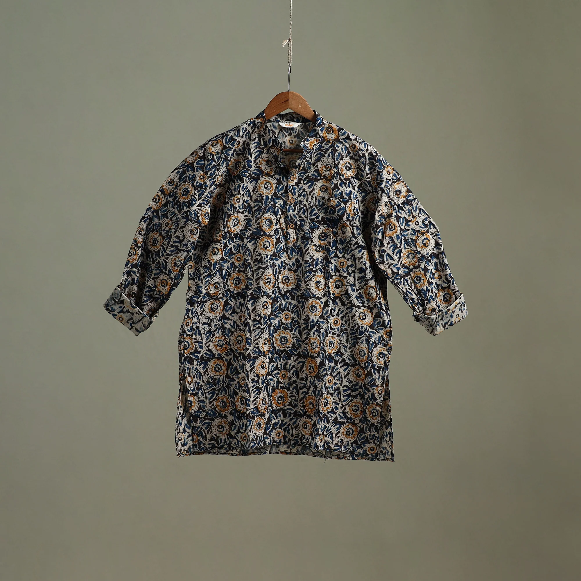 Hand Block Print Natural Dyed Cotton Short Kalamkari Kurta for Men 03 - Image 2