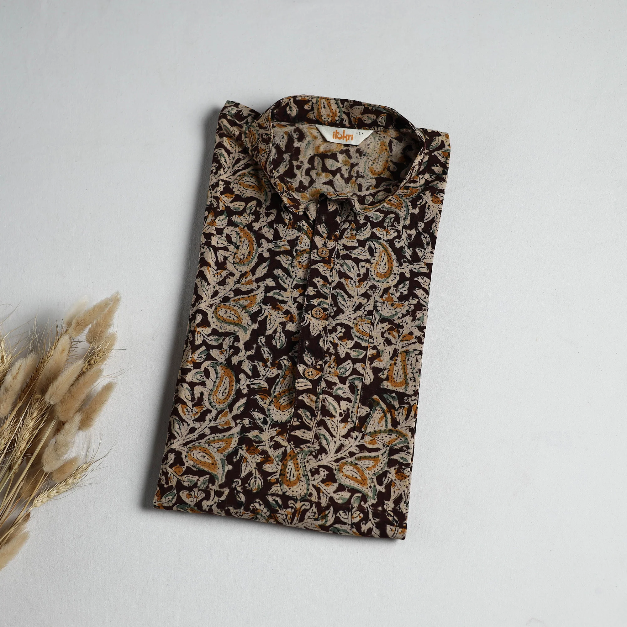 Hand Block Print Natural Dyed Cotton Short Kalamkari Kurta for Men 08