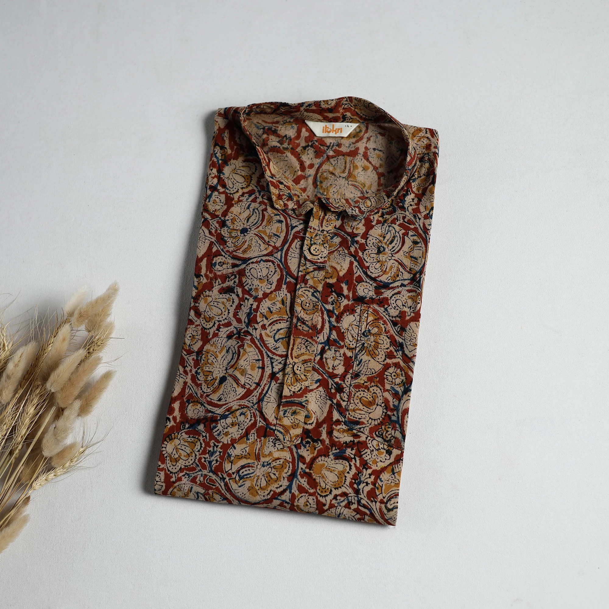 Hand Block Print Natural Dyed Cotton Short Kalamkari Kurta for Men 09