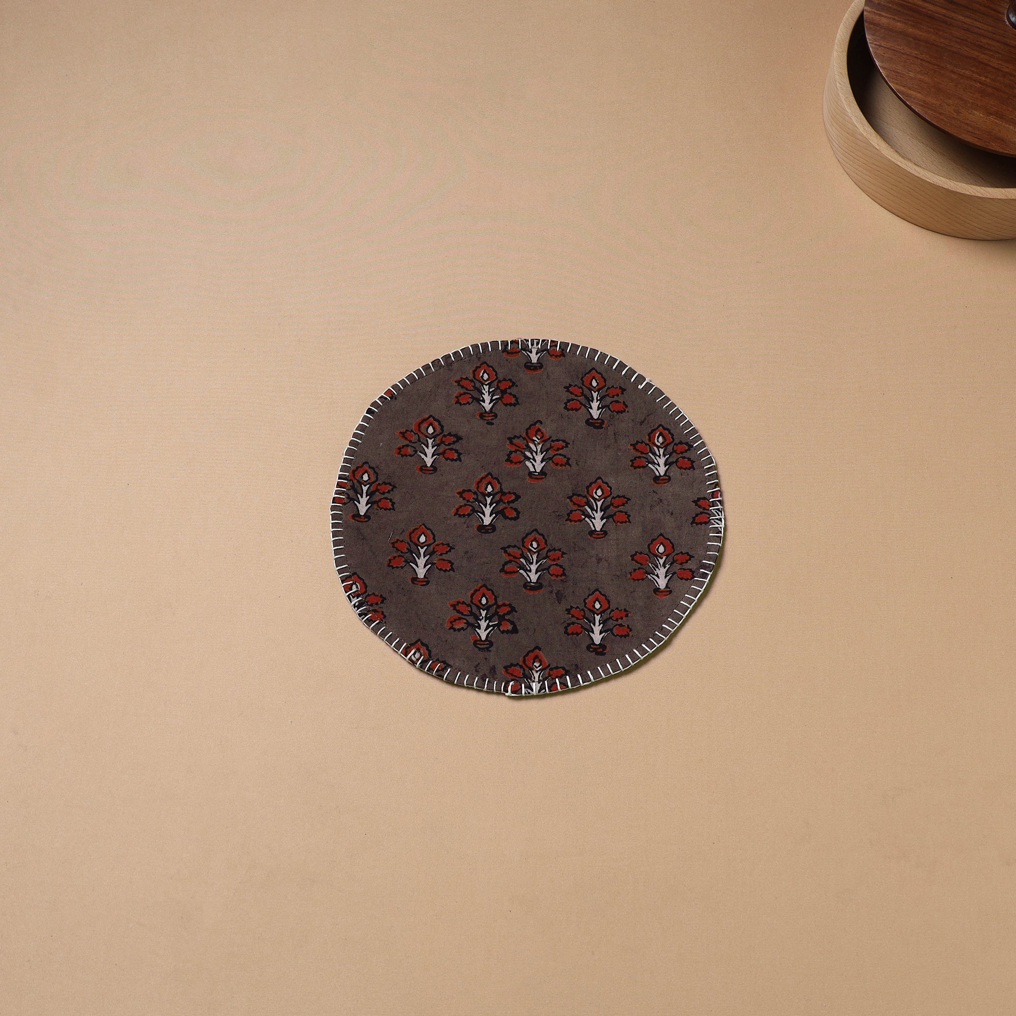 Brown - Hand Embroidered Ajrakh Block Print Cotton Round Roti Napkin 26
