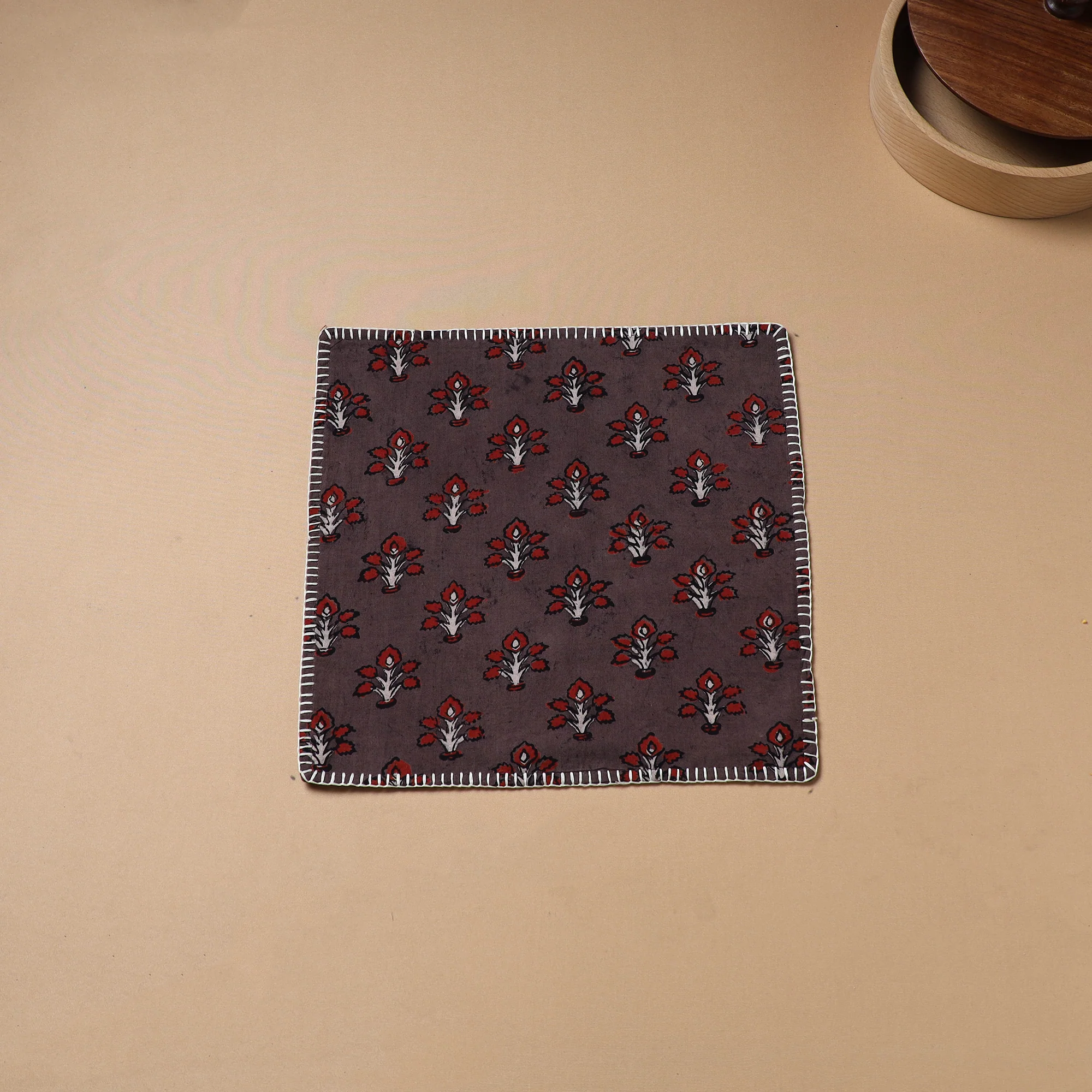 Maroon - Hand Embroidered Ajrakh Block Print Cotton Square Roti Napkin 50