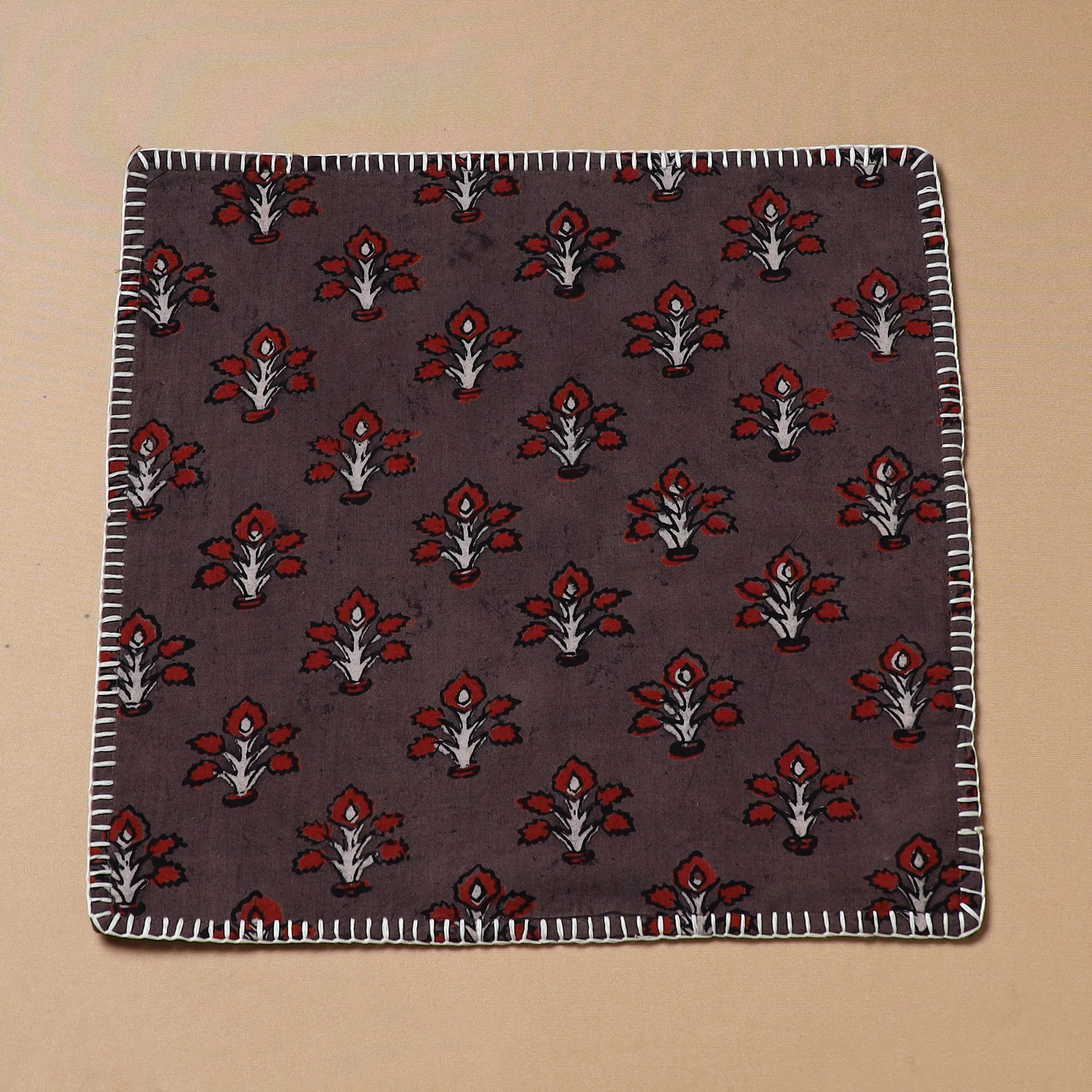 Maroon - Hand Embroidered Ajrakh Block Print Cotton Square Roti Napkin 50 - Image 2