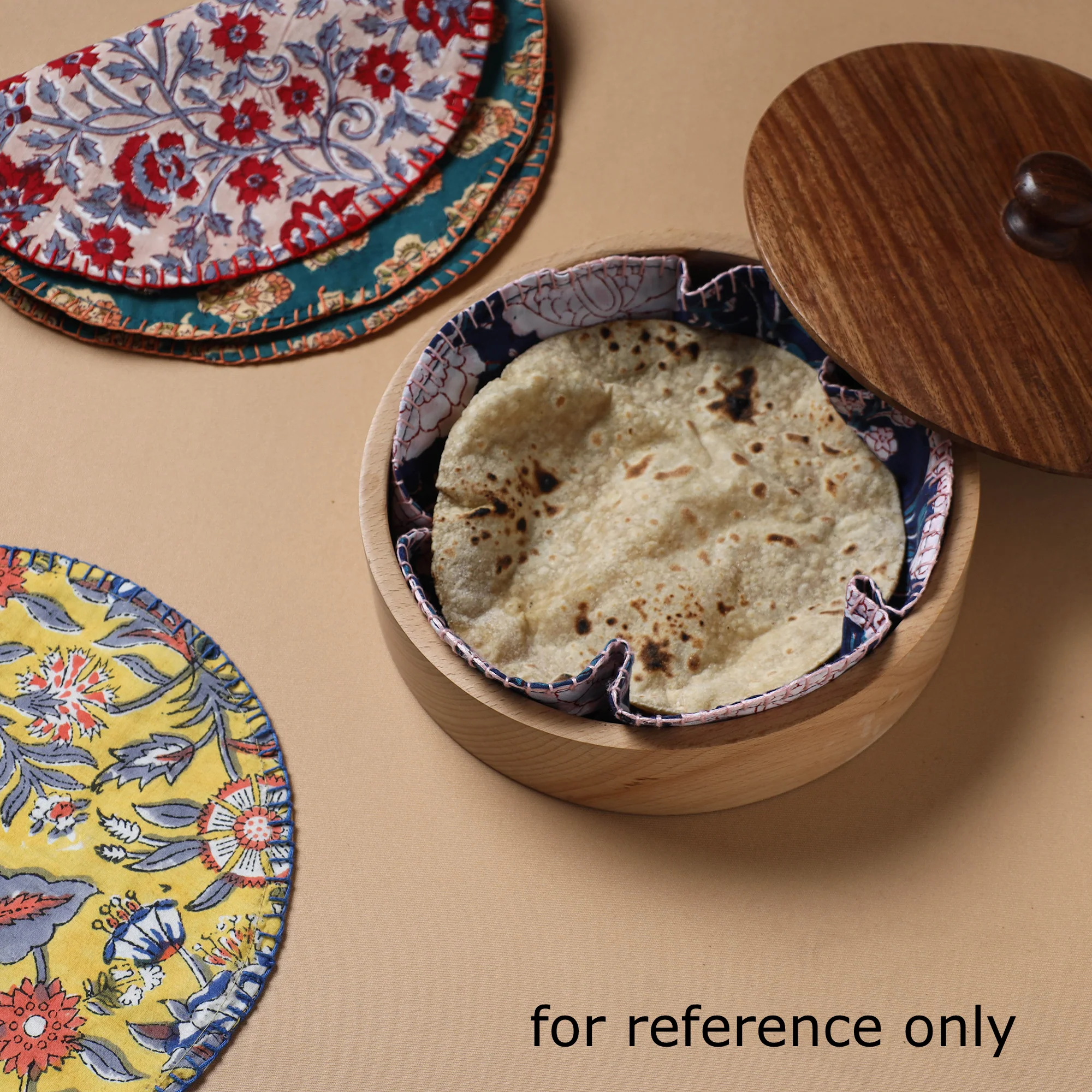 Red - Hand Embroidered Bagru Block Print Cotton Round Roti Napkin 22 - Image 3