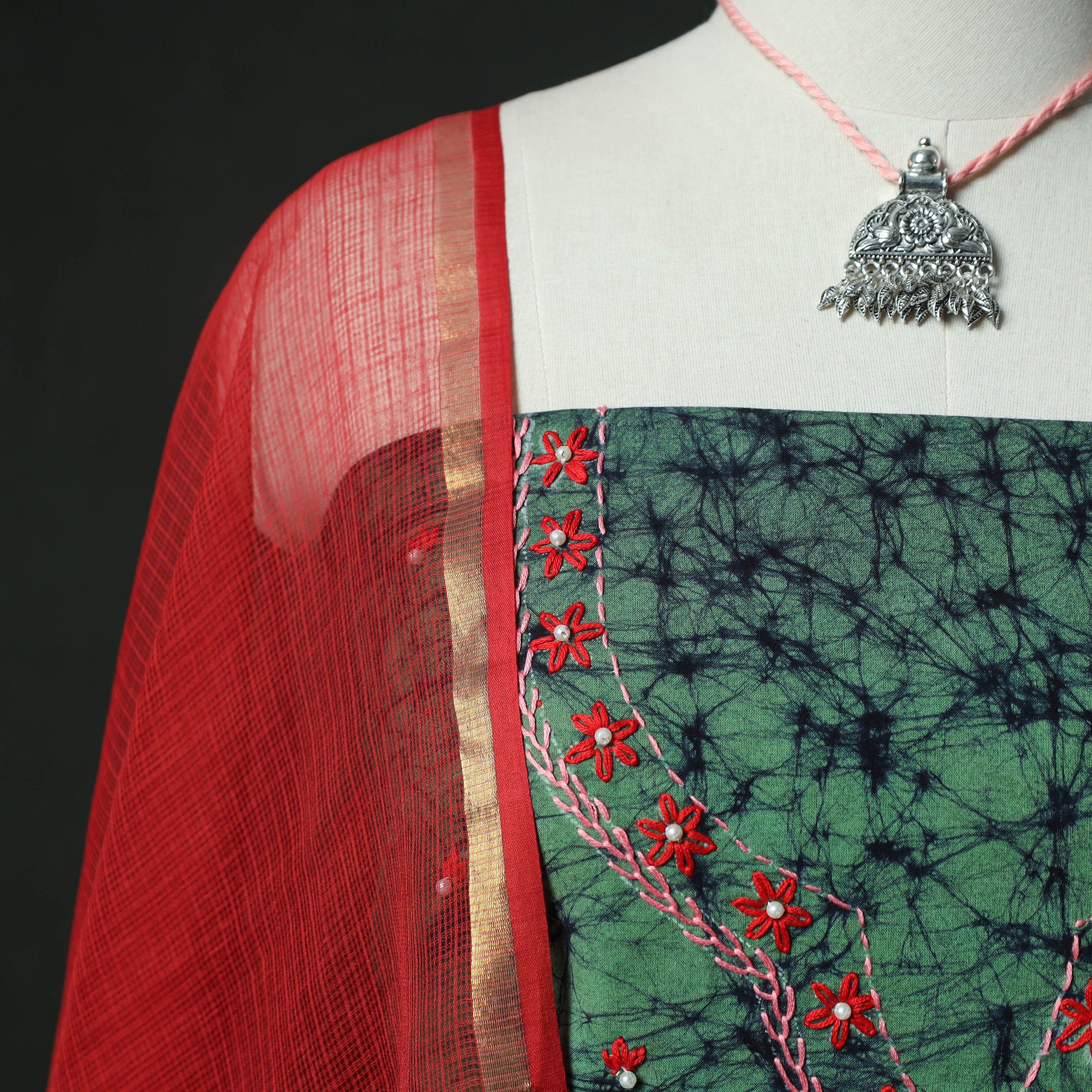 Green - Hand Embroidered Batik Block Print Cotton 2pc Unstitched Dress Material Kurta Set with Jewellery 01 - Image 3