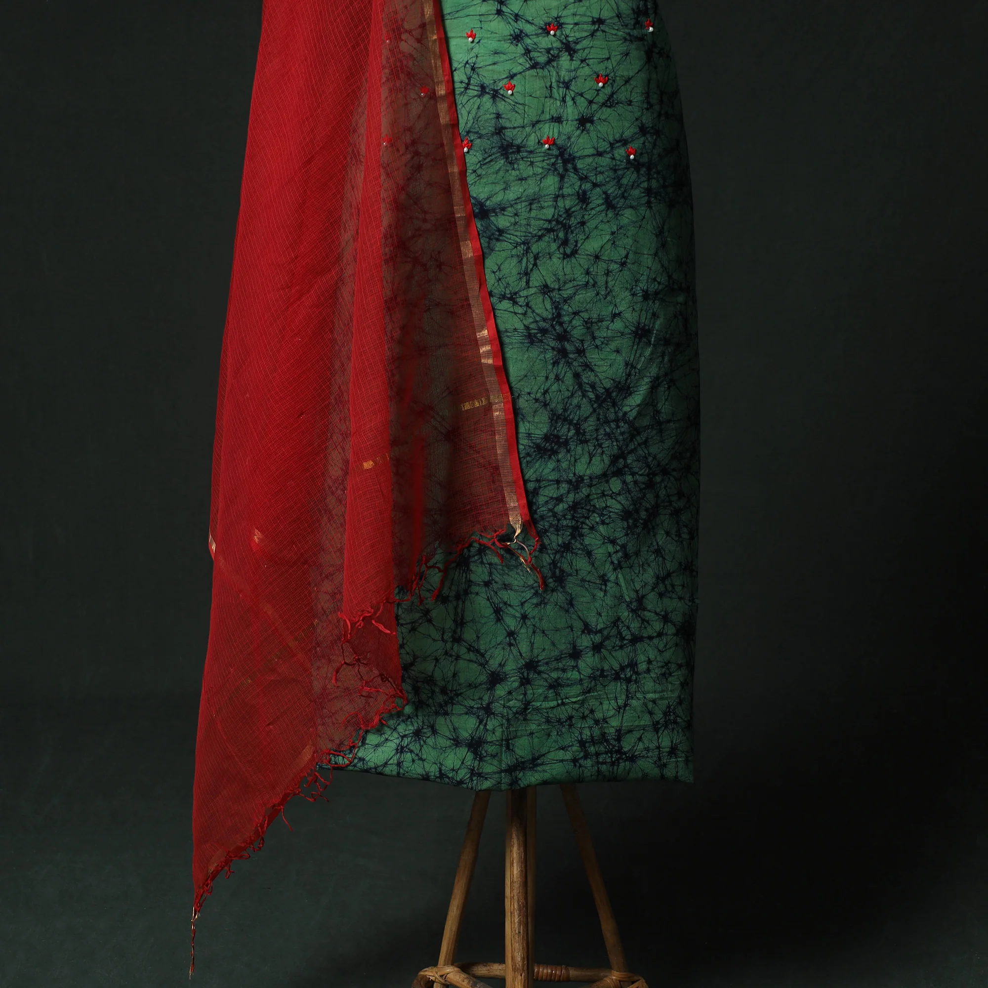 Green - Hand Embroidered Batik Block Print Cotton 2pc Unstitched Dress Material Kurta Set with Jewellery 01 - Image 4