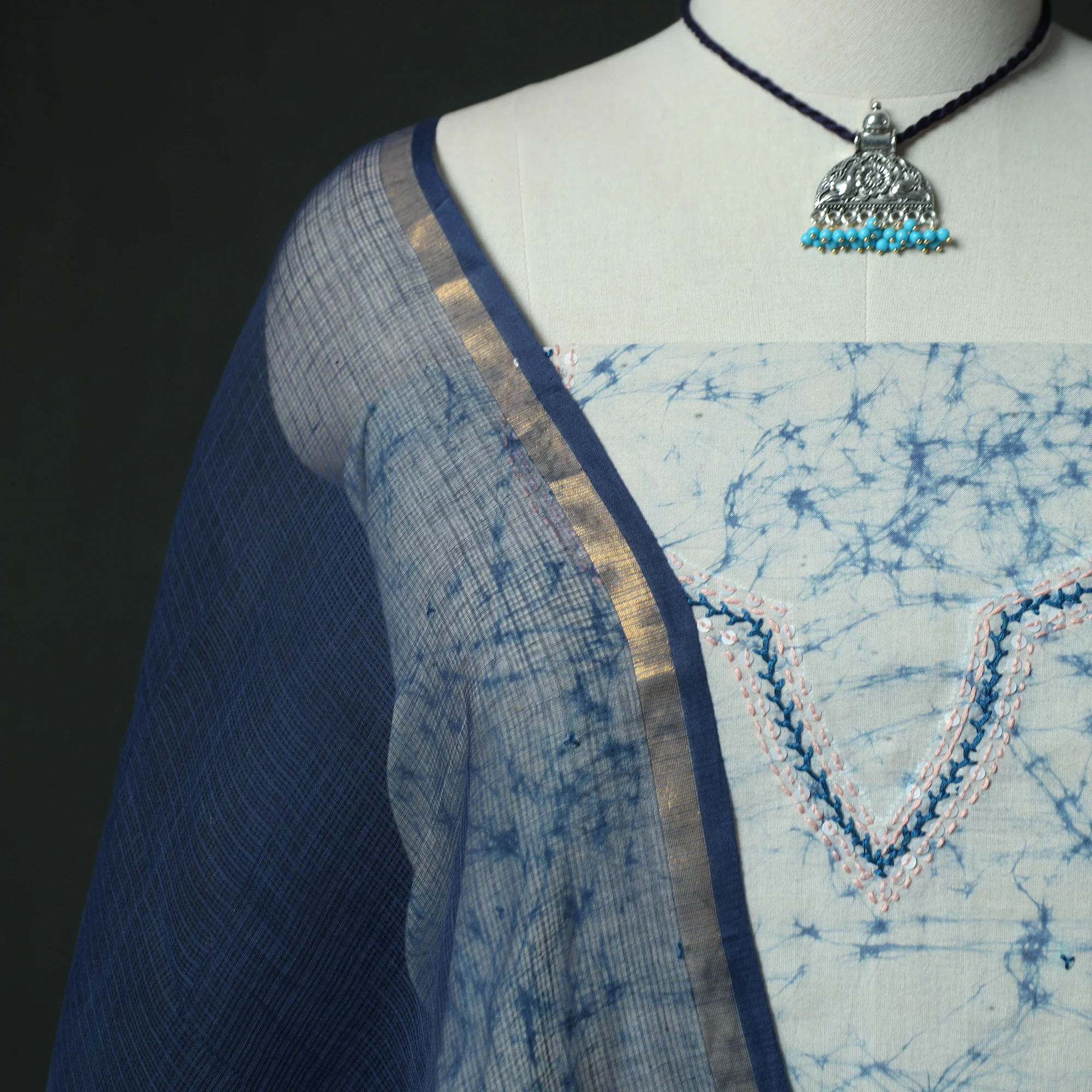Blue - Hand Embroidered Batik Block Print Cotton 2pc Unstitched Dress Material Kurta Set with Jewellery 02 - Image 3