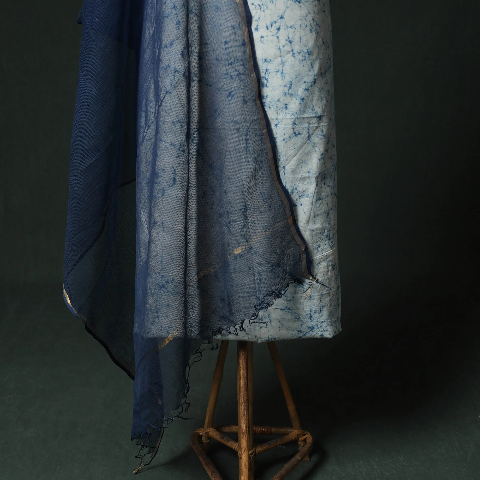 Blue - Hand Embroidered Batik Block Print Cotton 2pc Unstitched Dress Material Kurta Set with Jewellery 02 - Image 4