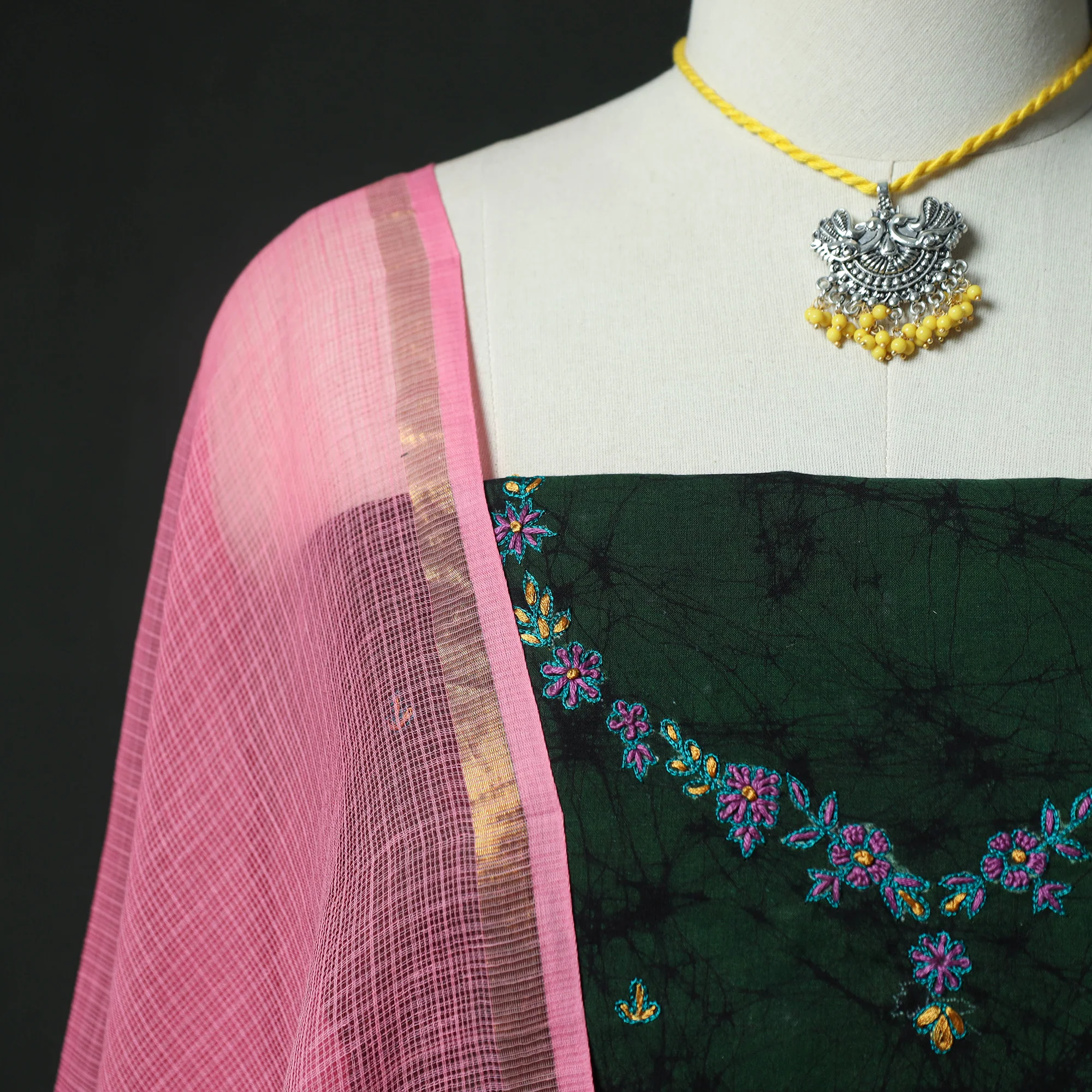 Green - Hand Embroidered Batik Block Print Cotton 2pc Unstitched Dress Material Kurta Set with Jewellery 03 - Image 3