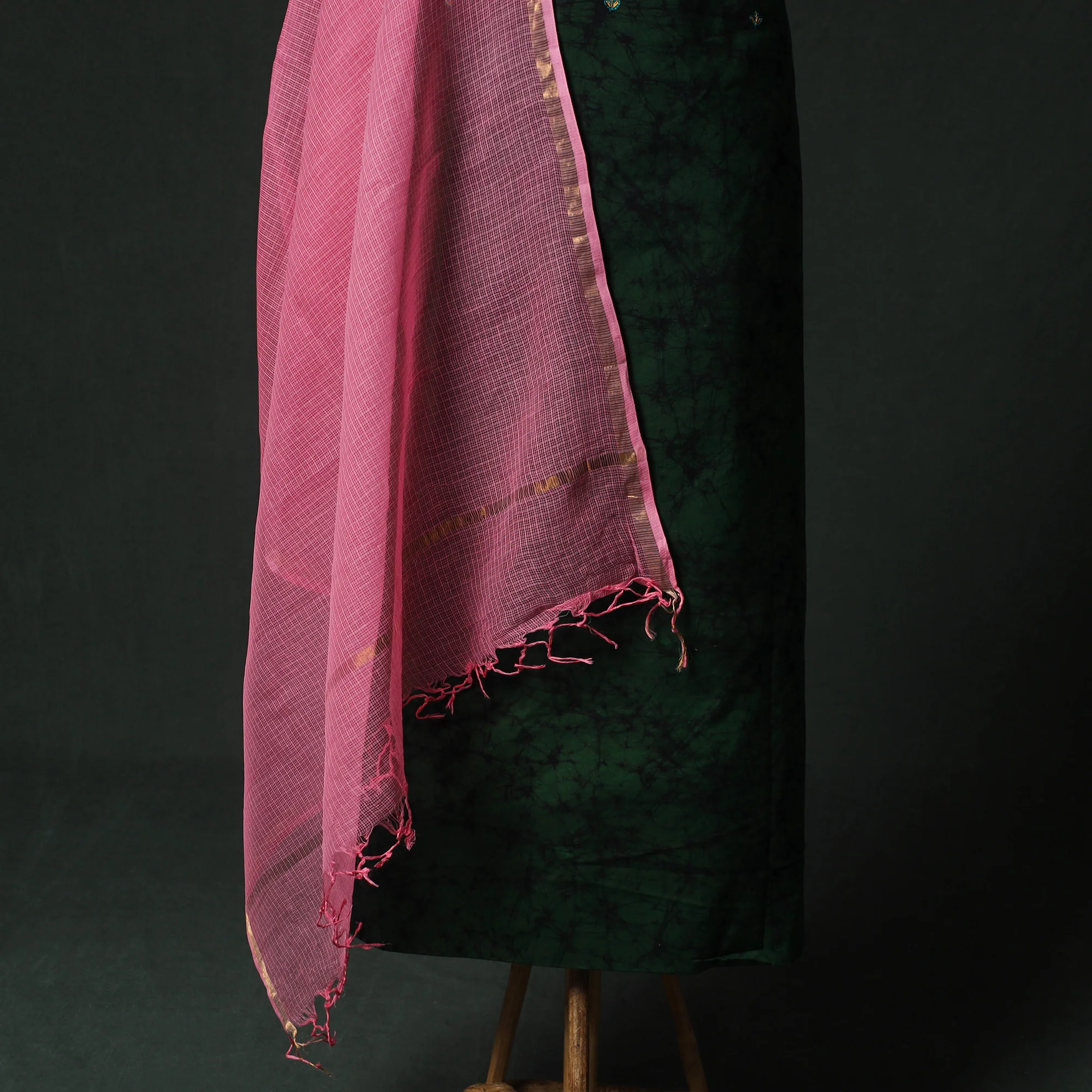 Green - Hand Embroidered Batik Block Print Cotton 2pc Unstitched Dress Material Kurta Set with Jewellery 03 - Image 4