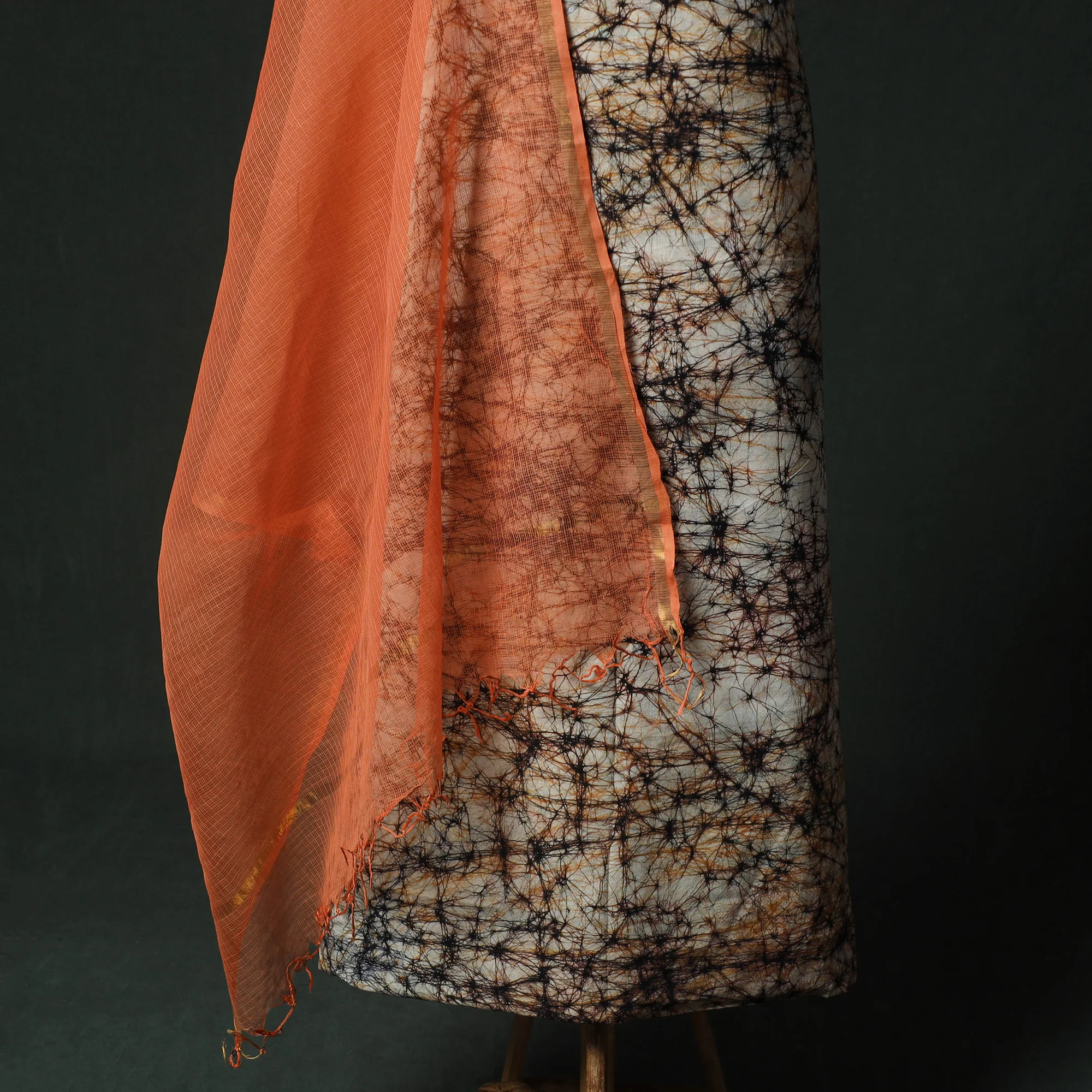 Brown - Hand Embroidered Batik Block Print Cotton 2pc Unstitched Dress Material Kurta Set with Jewellery 04 - Image 4