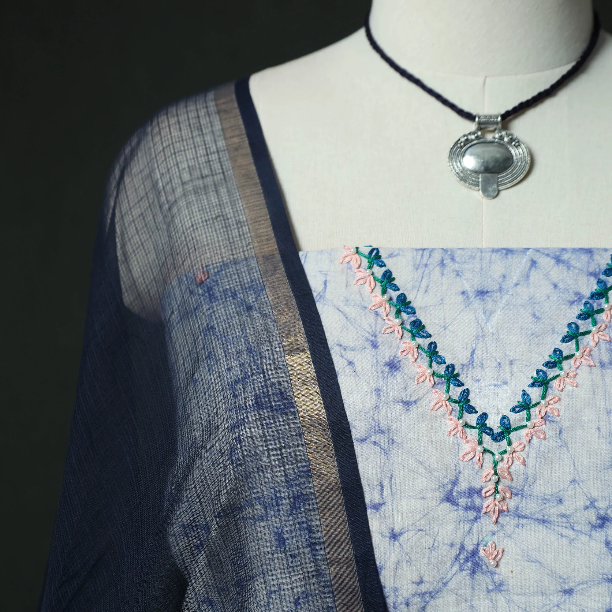 Blue - Hand Embroidered Batik Block Print Cotton 2pc Unstitched Dress Material Kurta Set with Jewellery 05 - Image 3