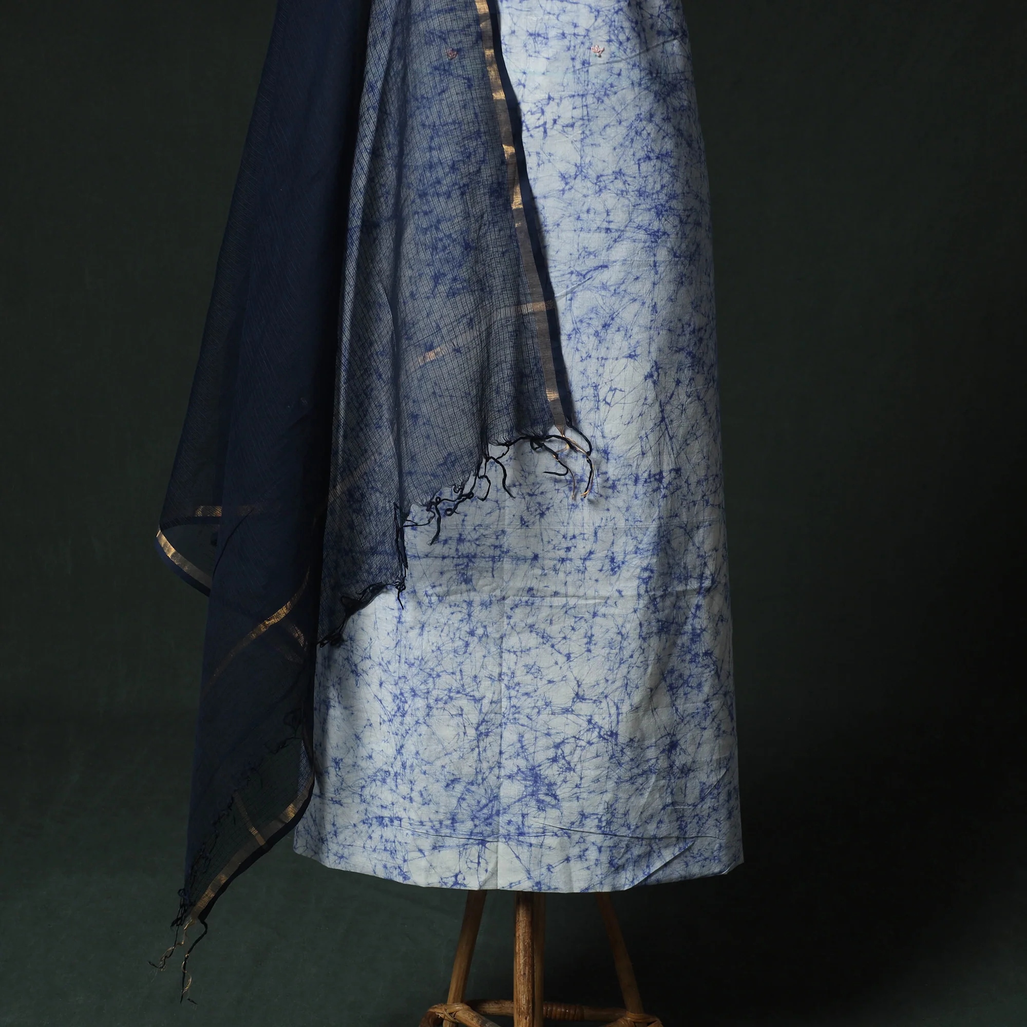 Blue - Hand Embroidered Batik Block Print Cotton 2pc Unstitched Dress Material Kurta Set with Jewellery 05 - Image 4