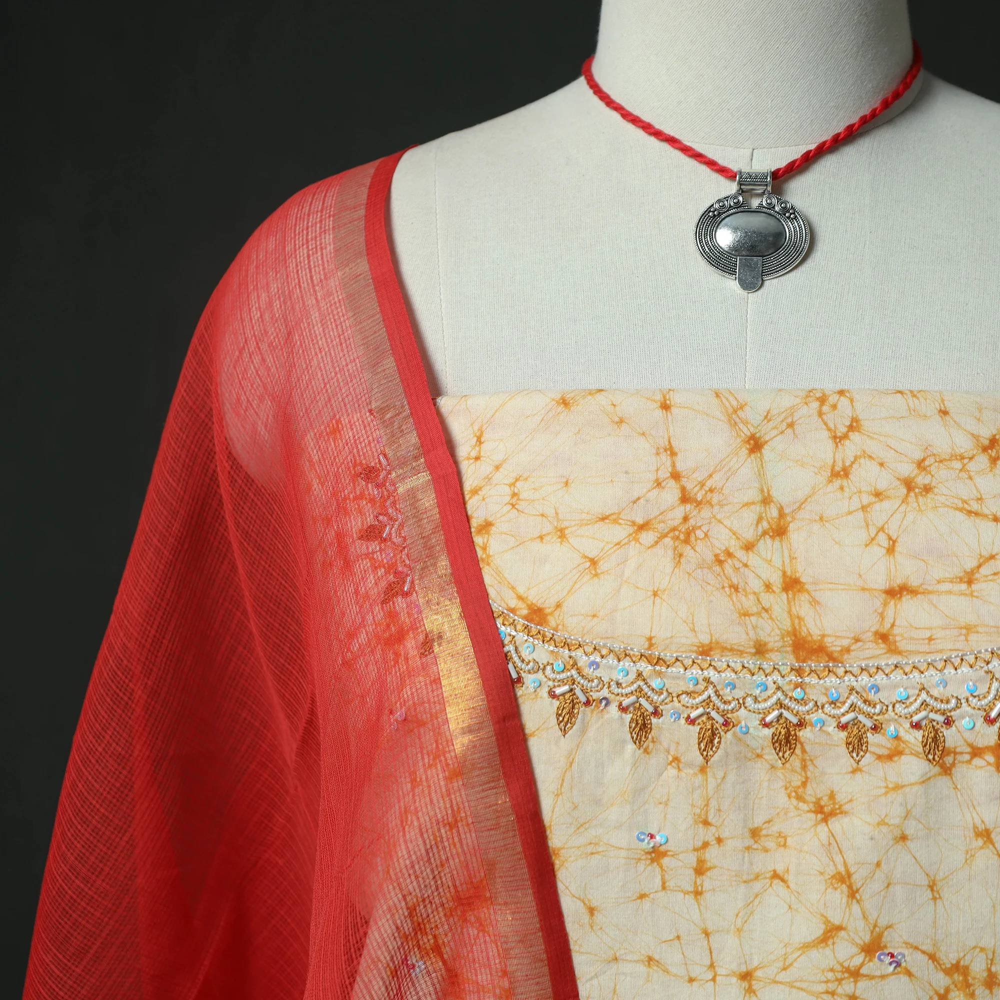 Yellow - Hand Embroidered Batik Block Print Cotton 2pc Unstitched Dress Material Kurta Set with Jewellery 06 - Image 3