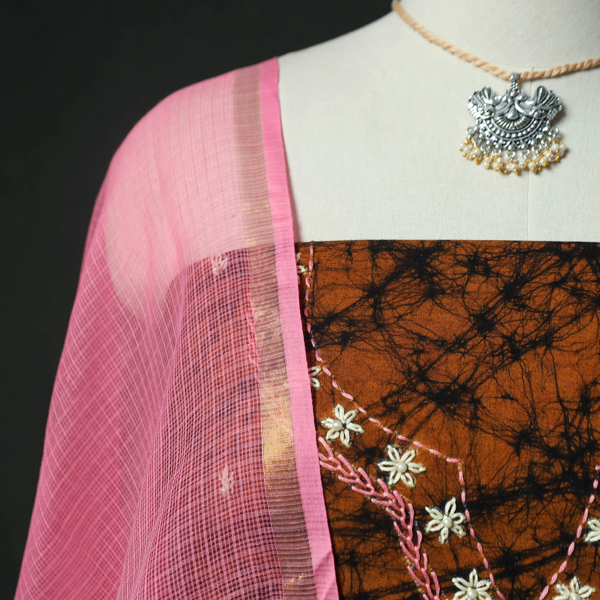 Orange - Hand Embroidered Batik Block Print Cotton 2pc Unstitched Dress Material Kurta Set with Jewellery 07 - Image 3
