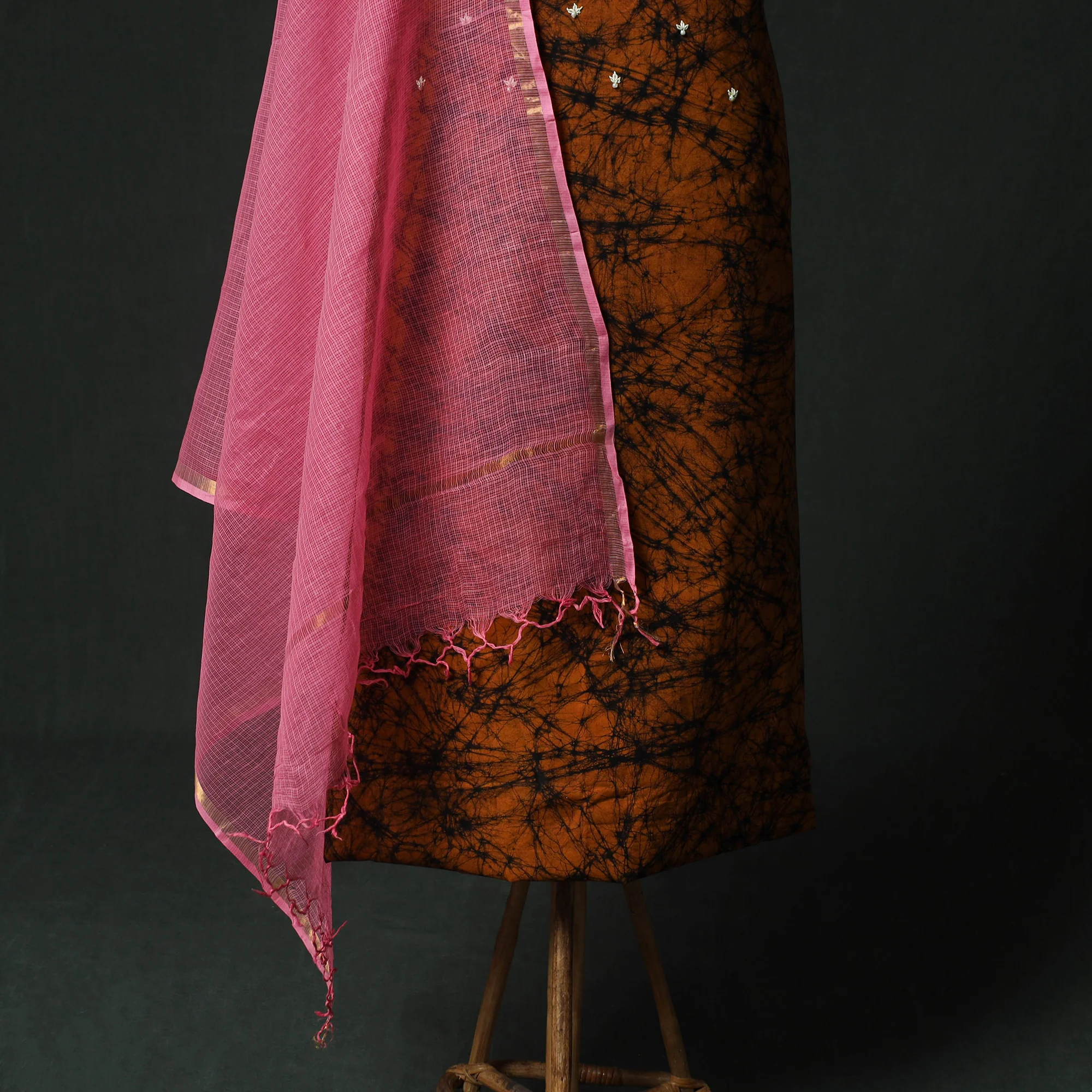 Orange - Hand Embroidered Batik Block Print Cotton 2pc Unstitched Dress Material Kurta Set with Jewellery 07 - Image 4
