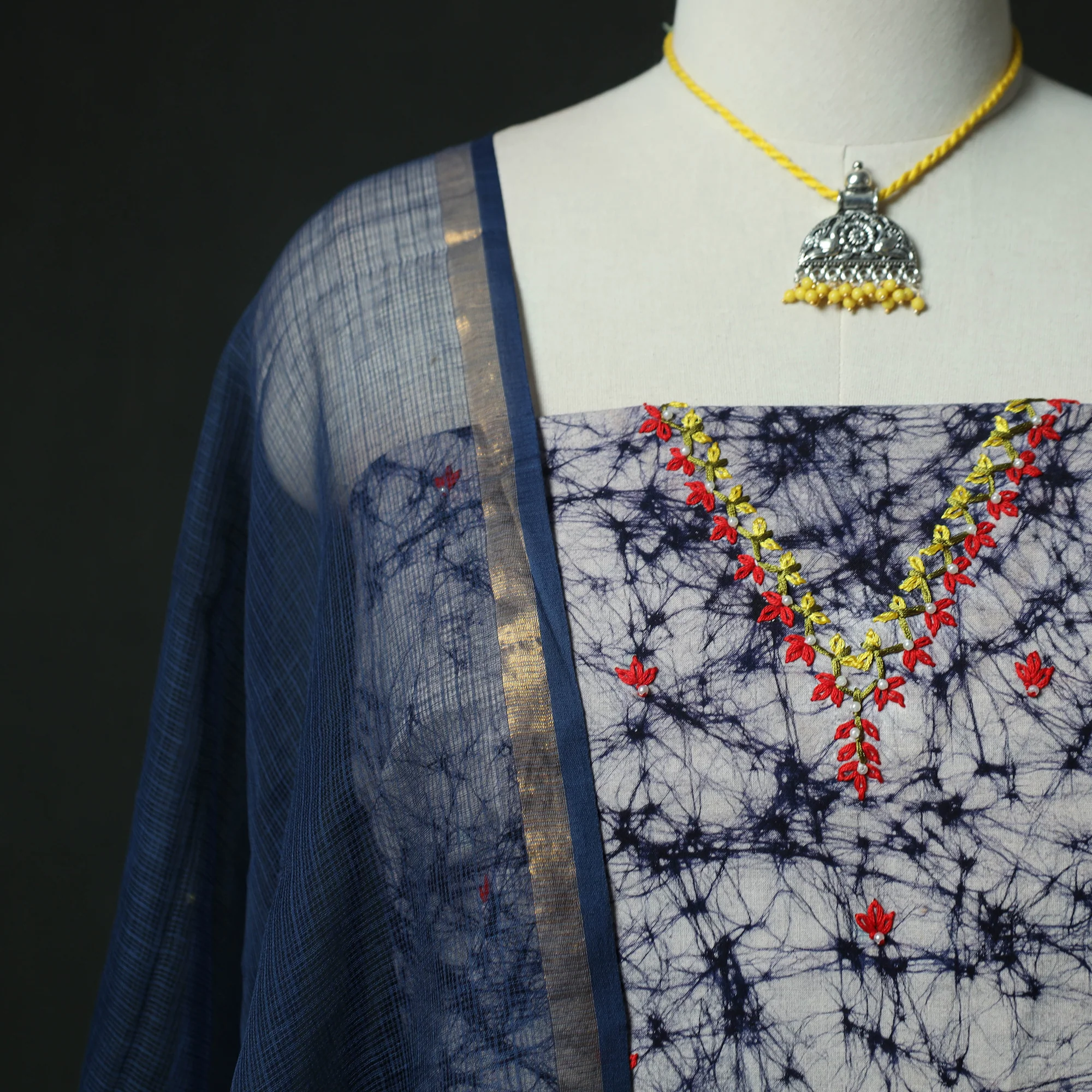Blue - Hand Embroidered Batik Block Print Cotton 2pc Unstitched Dress Material Kurta Set with Jewellery 08 - Image 3