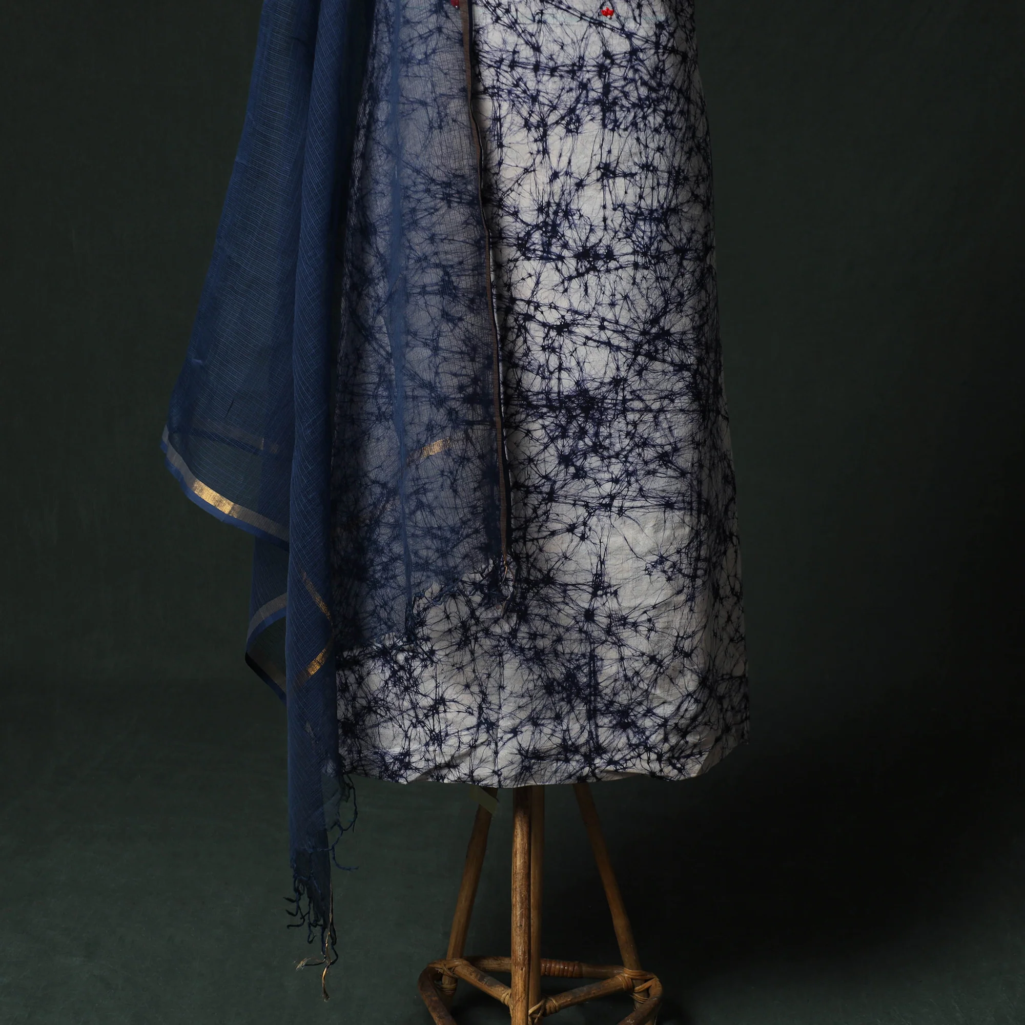 Blue - Hand Embroidered Batik Block Print Cotton 2pc Unstitched Dress Material Kurta Set with Jewellery 08 - Image 4