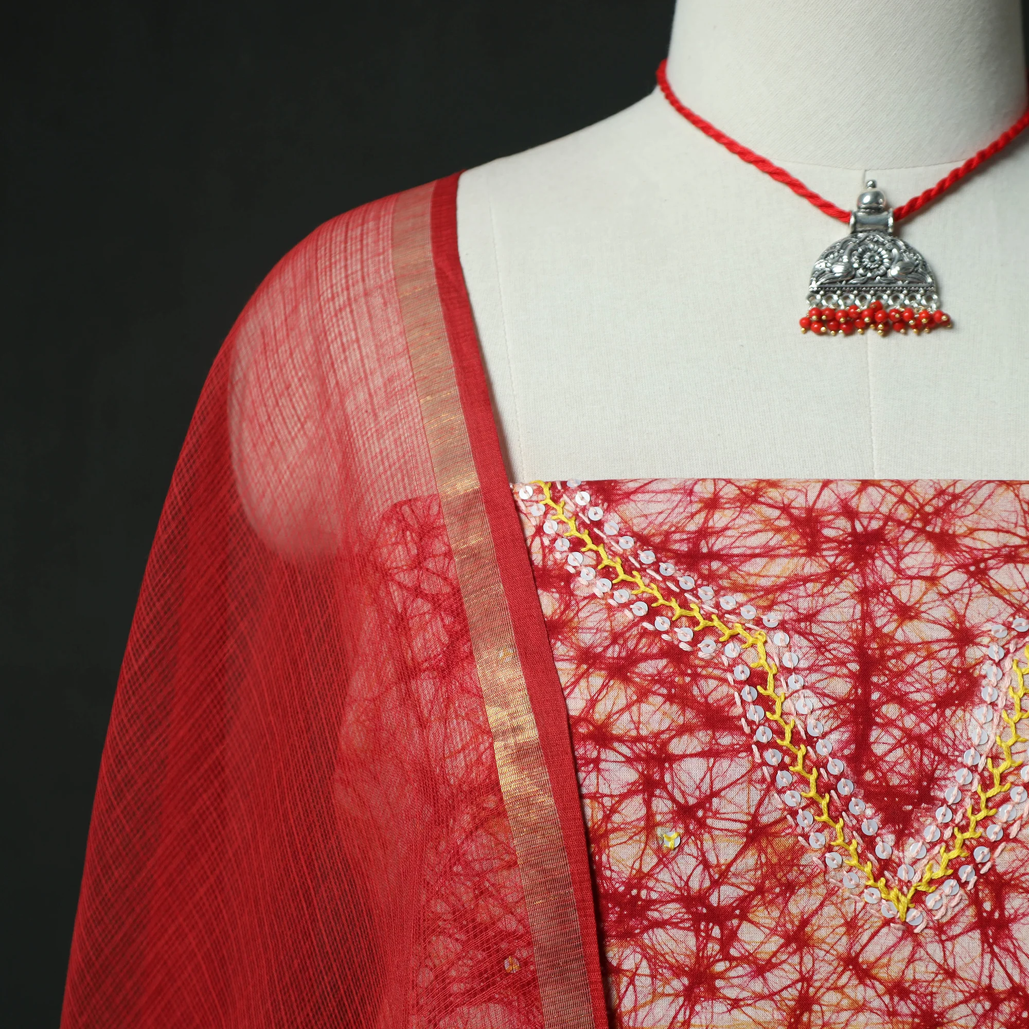 Red - Hand Embroidered Batik Block Print Cotton 2pc Unstitched Dress Material Kurta Set with Jewellery 09 - Image 3