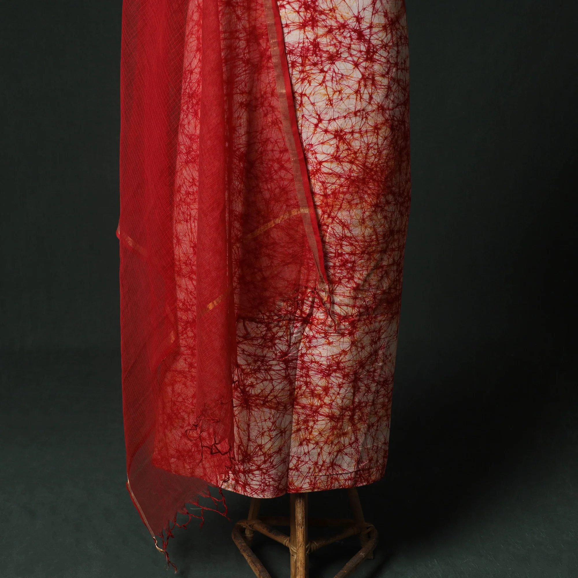 Red - Hand Embroidered Batik Block Print Cotton 2pc Unstitched Dress Material Kurta Set with Jewellery 09 - Image 4