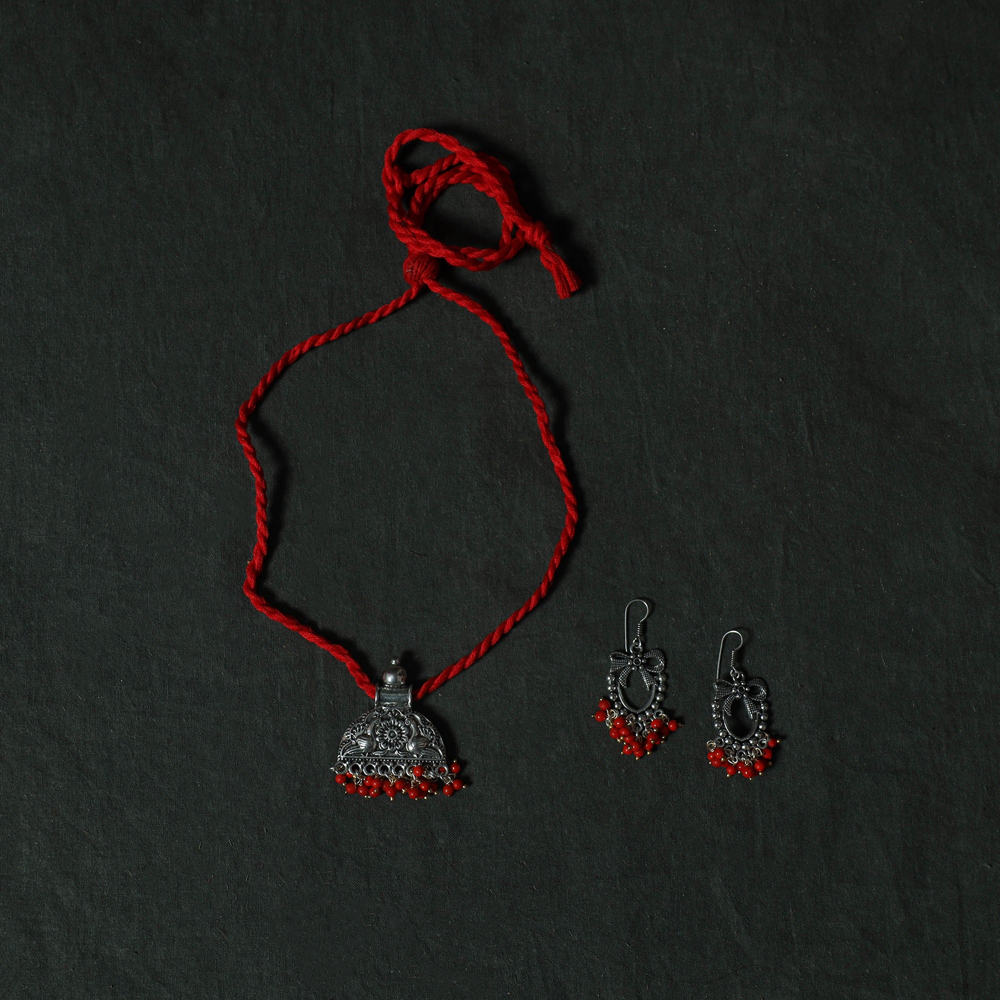 Red - Hand Embroidered Batik Block Print Cotton 2pc Unstitched Dress Material Kurta Set with Jewellery 09 - Image 5