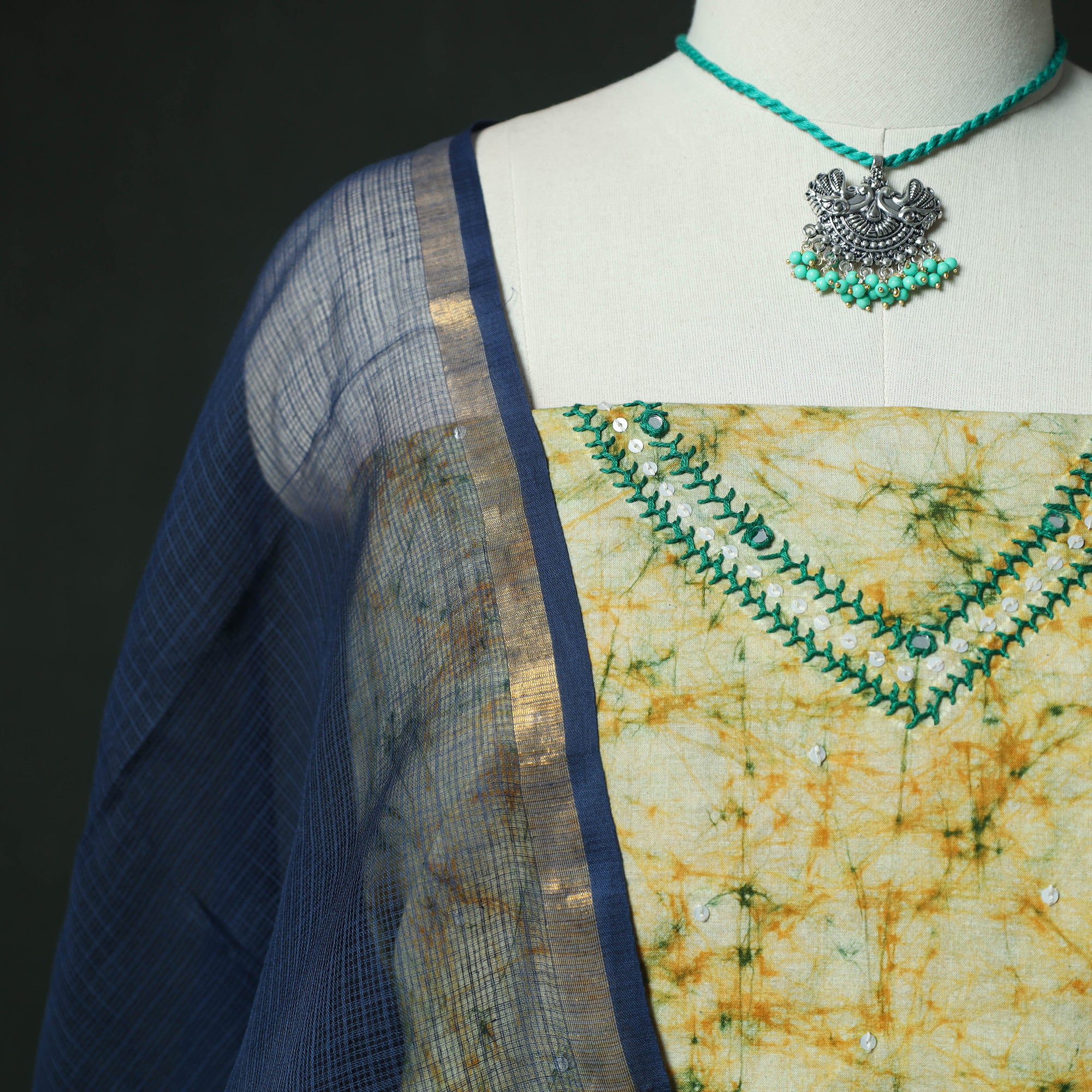 Yellow - Hand Embroidered Batik Block Print Cotton 2pc Unstitched Dress Material Kurta Set with Jewellery 10 - Image 3