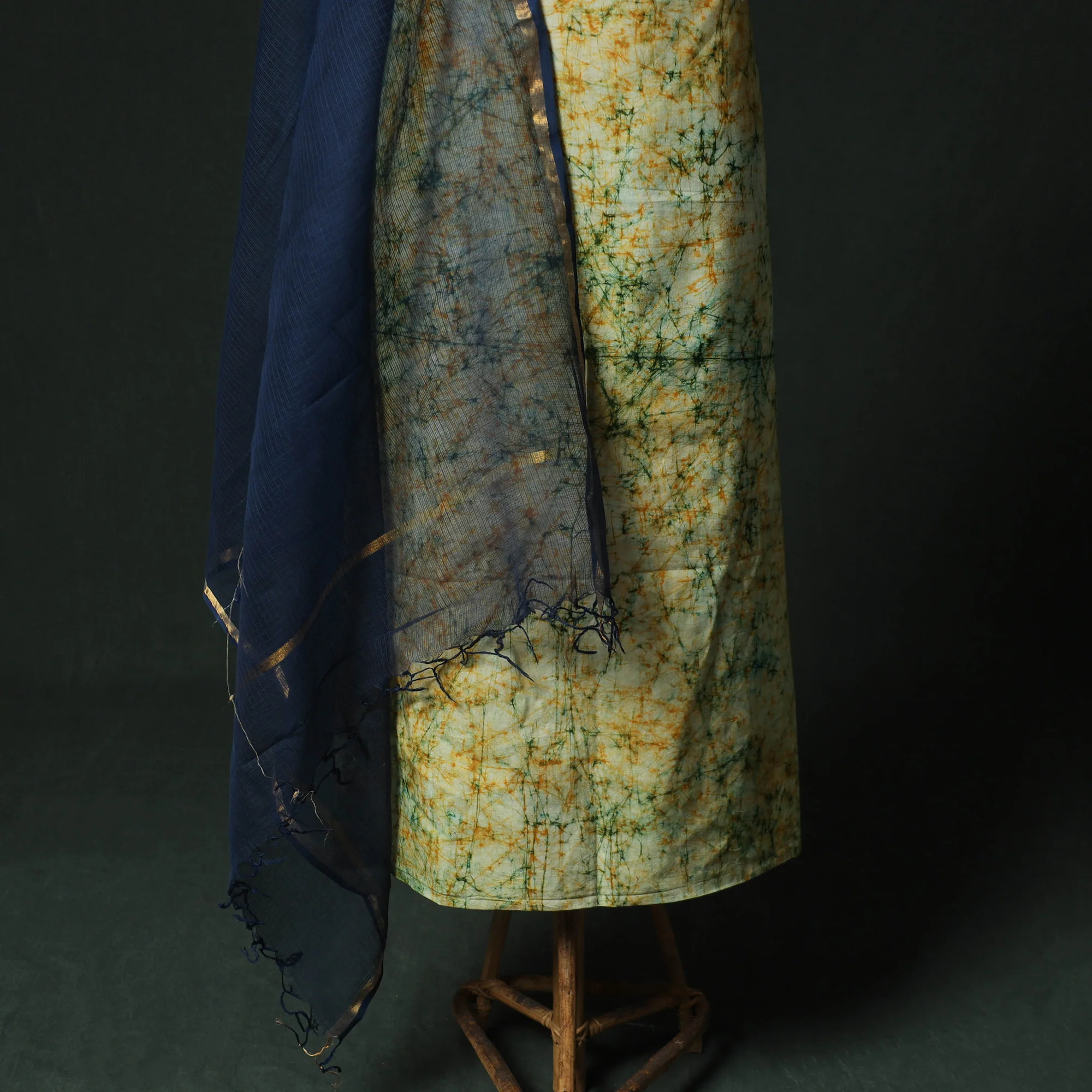 Yellow - Hand Embroidered Batik Block Print Cotton 2pc Unstitched Dress Material Kurta Set with Jewellery 10 - Image 4
