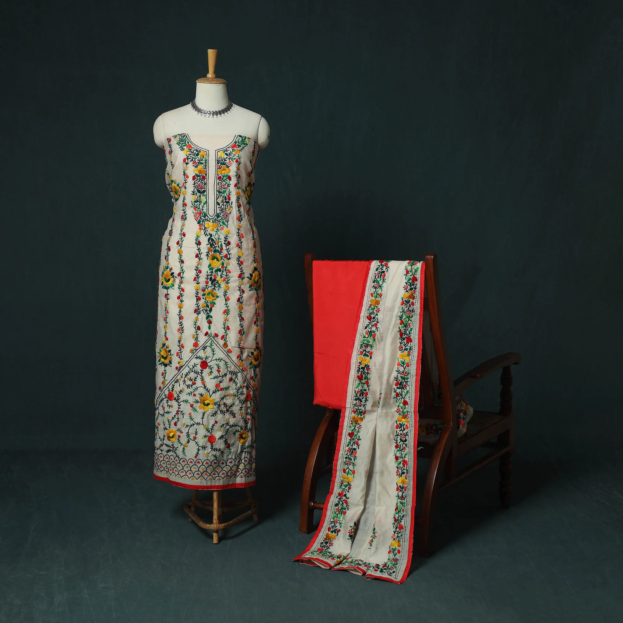 Hand Embroidered Chanderi Silk 3pc Unstitched Dress Material 28 - Image 2