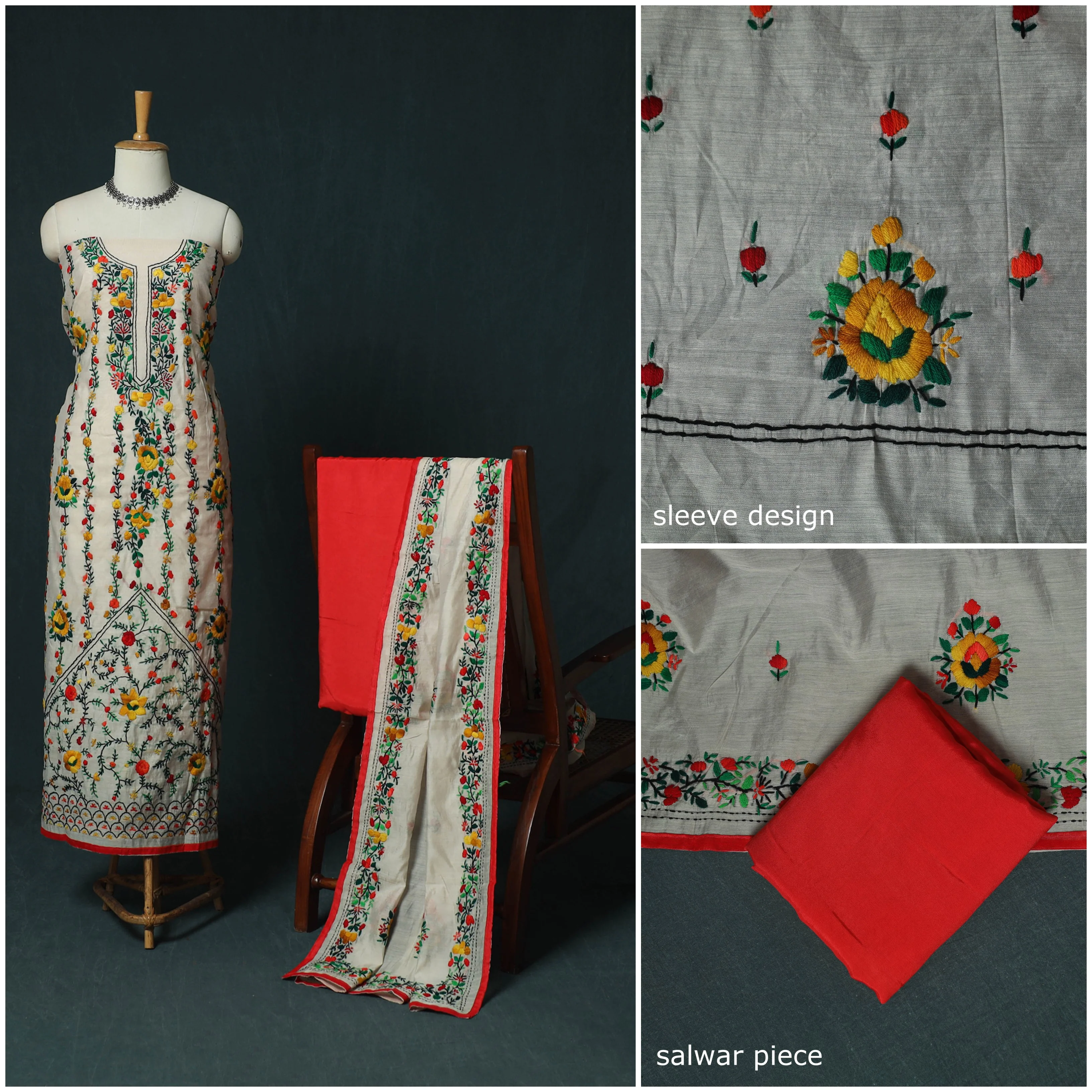 Hand Embroidered Chanderi Silk 3pc Unstitched Dress Material 28 - Image 3