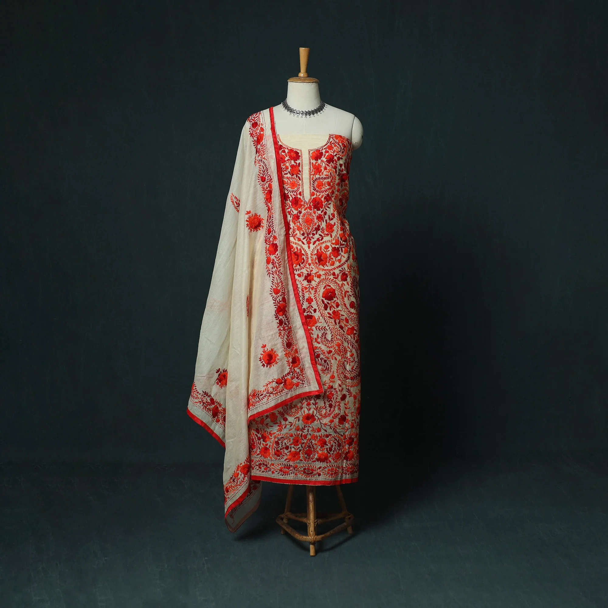 Hand Embroidered Chanderi Silk 3pc Unstitched Dress Material 29