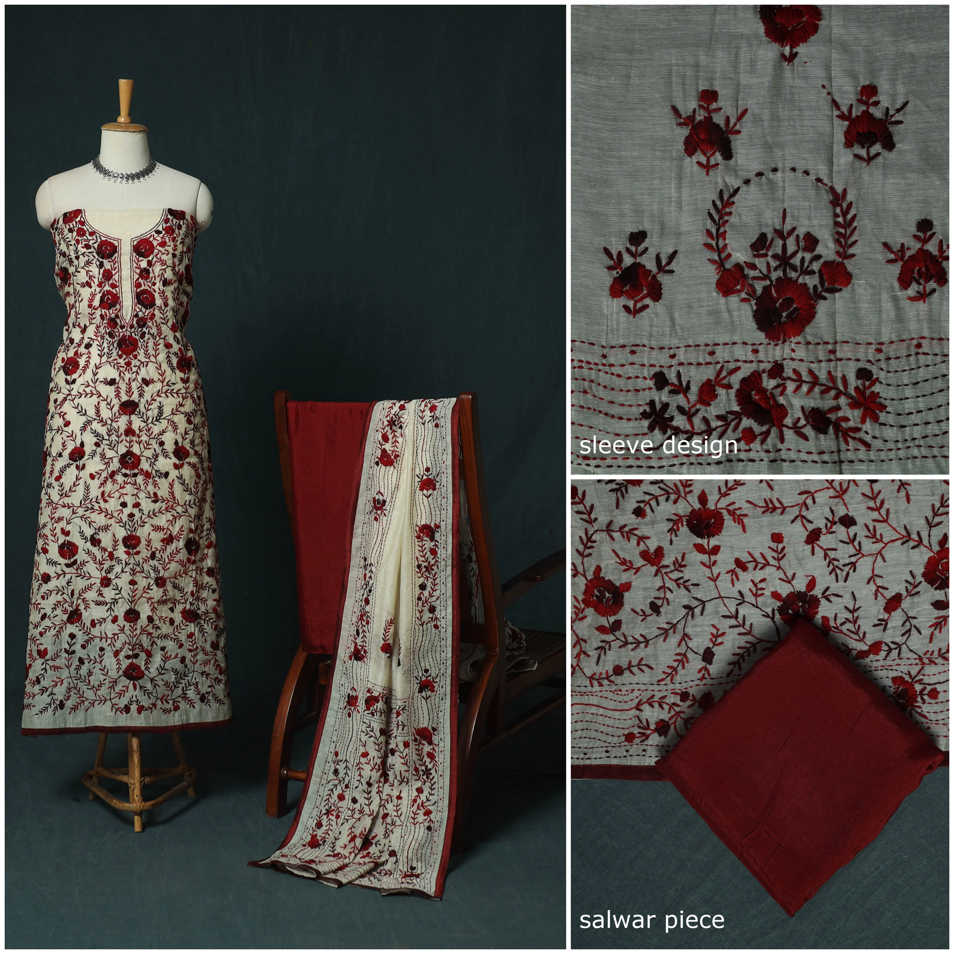 Hand Embroidered Chanderi Silk 3pc Unstitched Dress Material 31 - Image 3