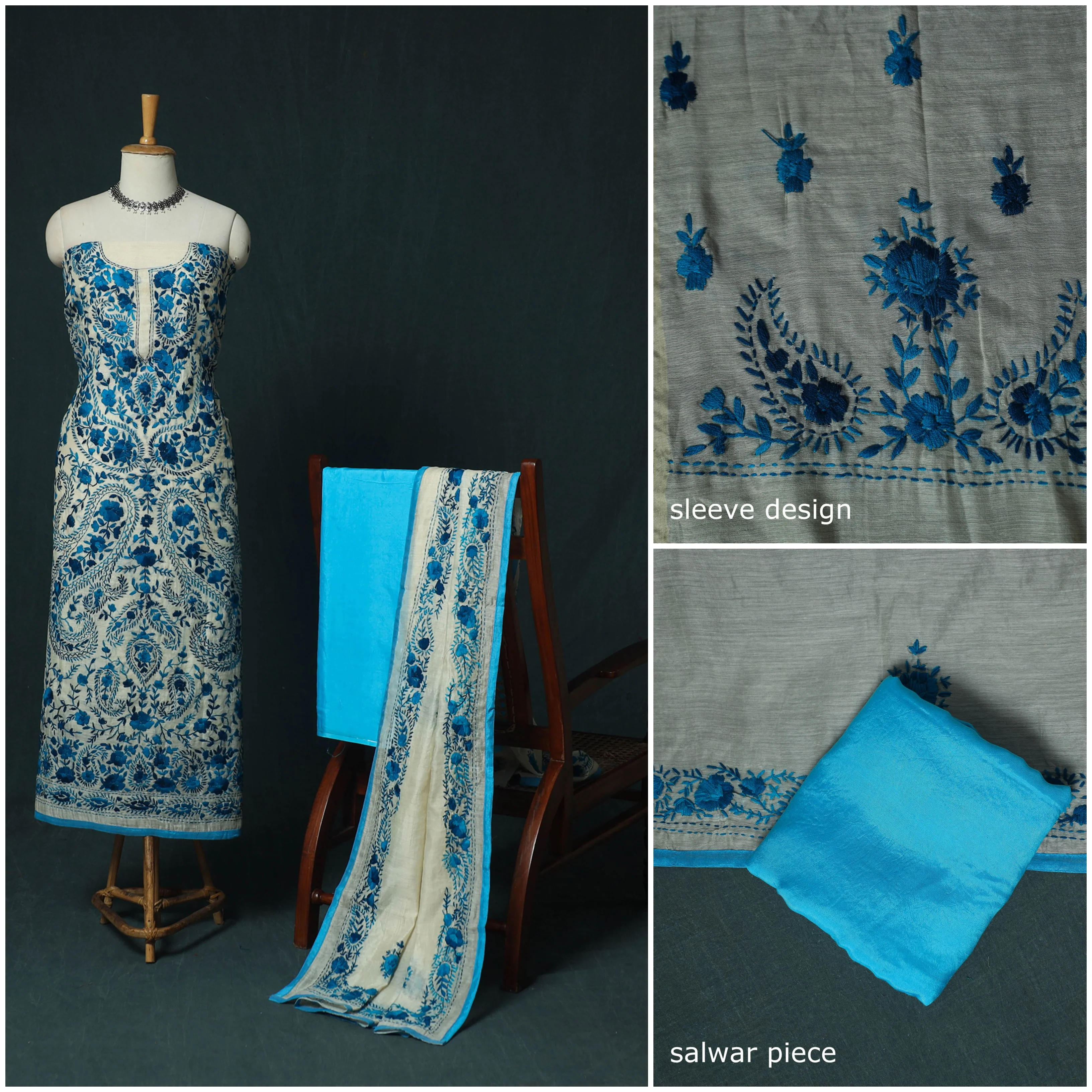 Hand Embroidered Chanderi Silk 3pc Unstitched Dress Material 33 - Image 3