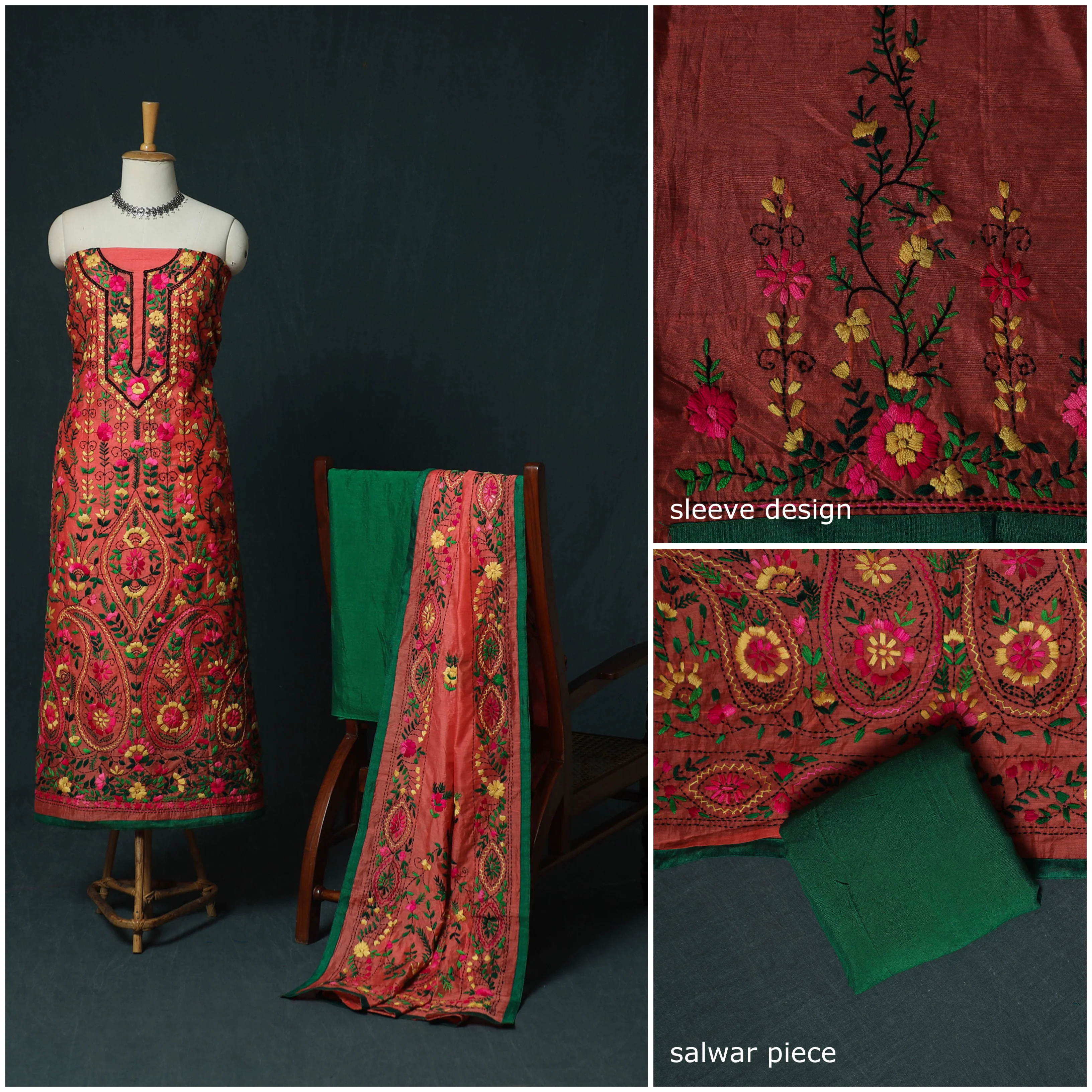 Hand Embroidered Chanderi Silk 3pc Unstitched Dress Material 34 - Image 3