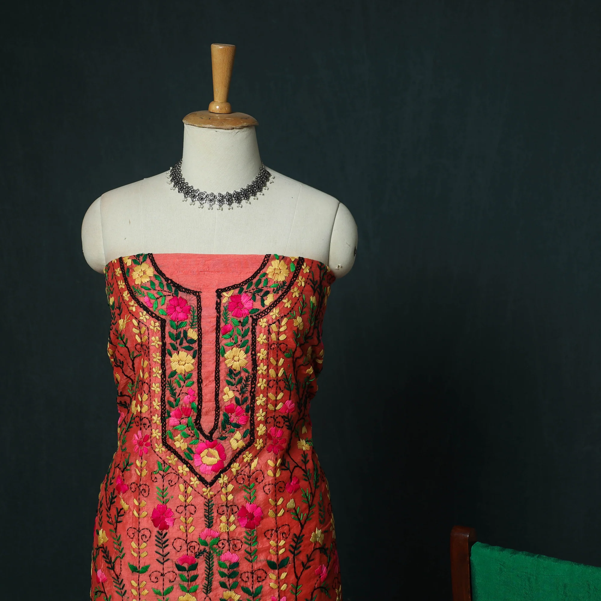 Hand Embroidered Chanderi Silk 3pc Unstitched Dress Material 34 - Image 4