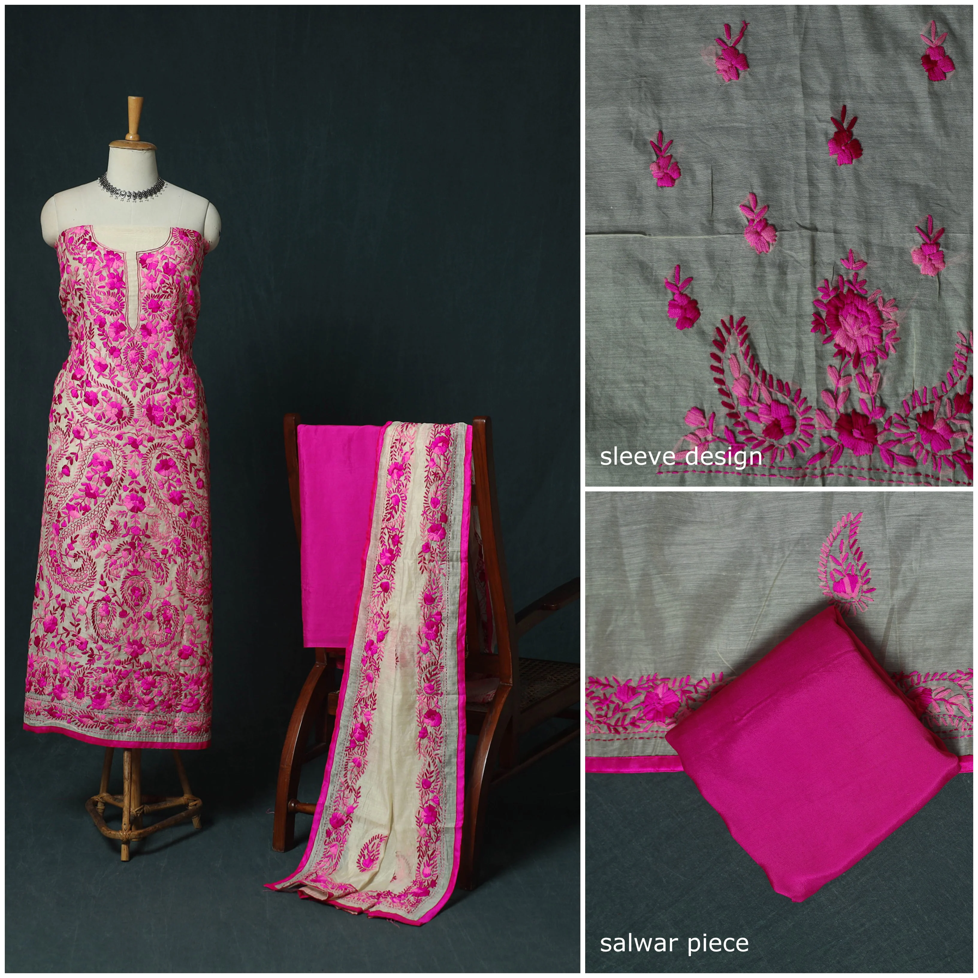 Hand Embroidered Chanderi Silk 3pc Unstitched Dress Material 35 - Image 3