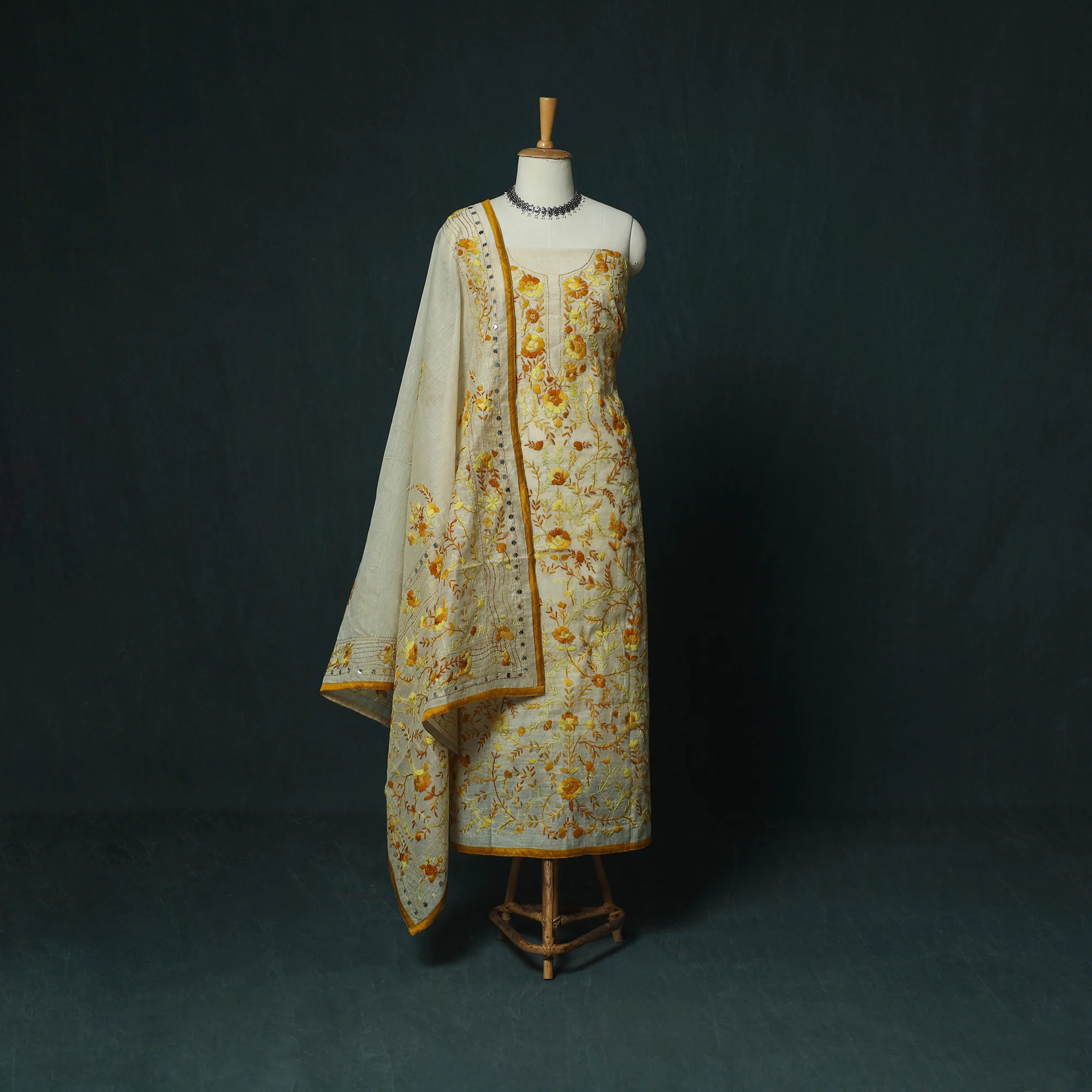Hand Embroidered Chanderi Silk 3pc Unstitched Dress Material 36