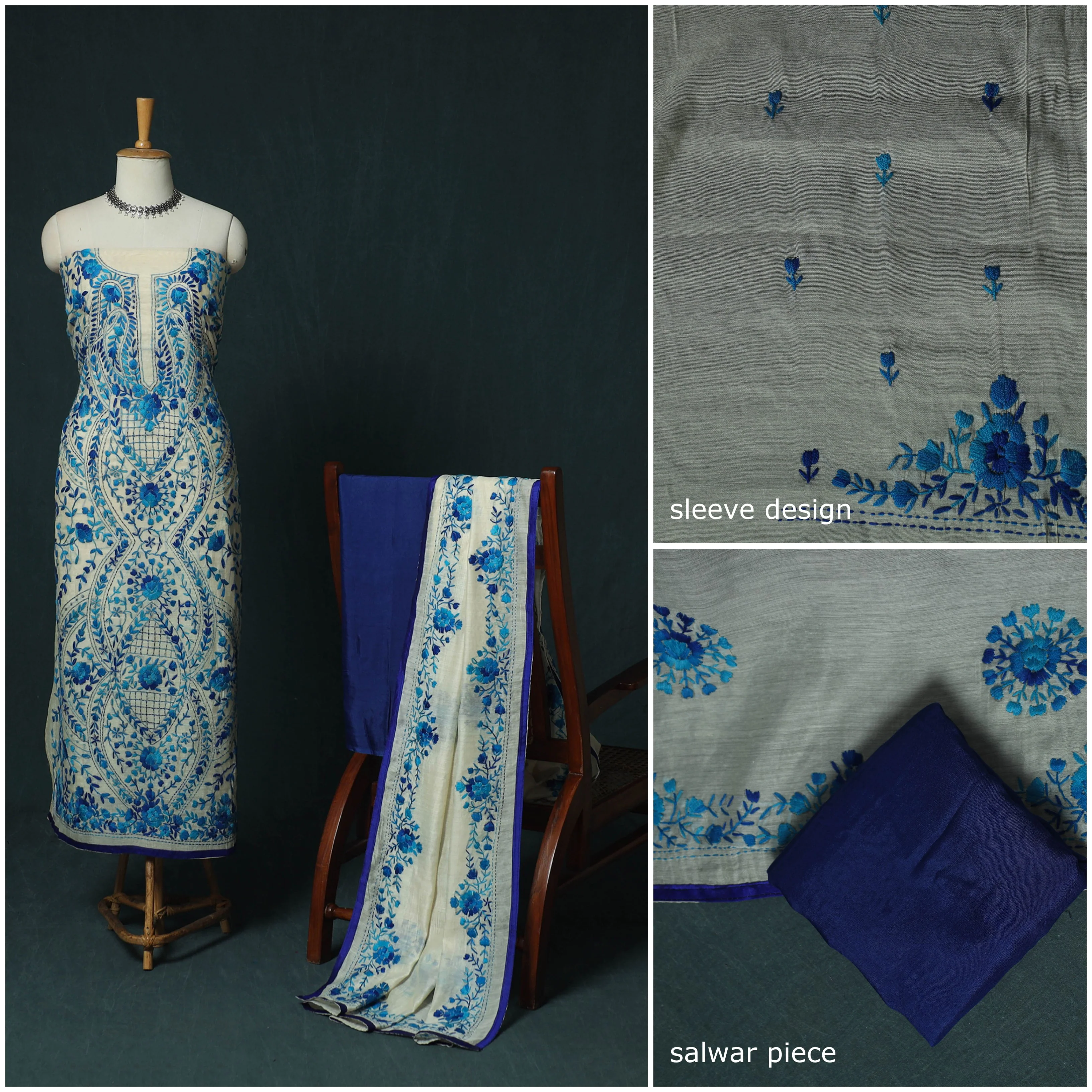 Hand Embroidered Chanderi Silk 3pc Unstitched Dress Material 38 - Image 3