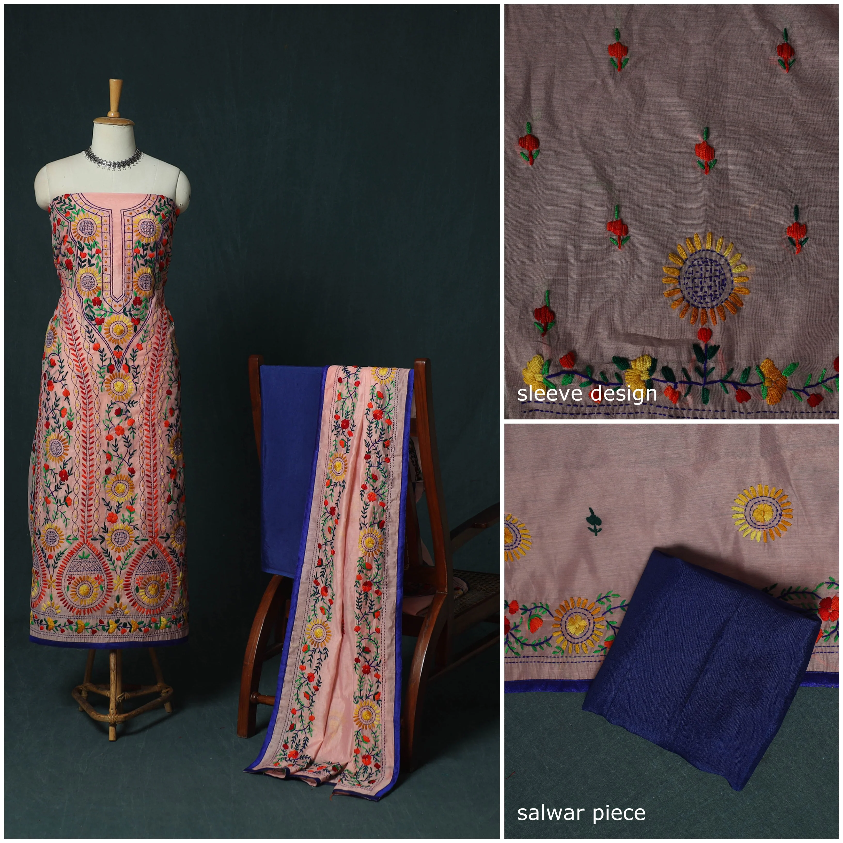 Hand Embroidered Chanderi Silk 3pc Unstitched Dress Material 39 - Image 3